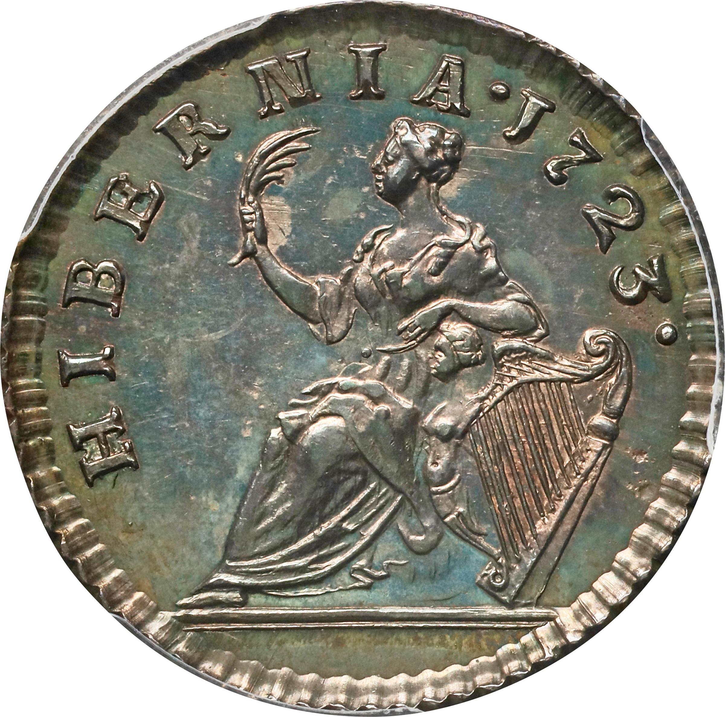 image for: 1723 Wood's Hibernia Farthing. Martin 3.2-Bc.10, W-12500. Rarity-5. Silver. Specimen-63 (PCGS).