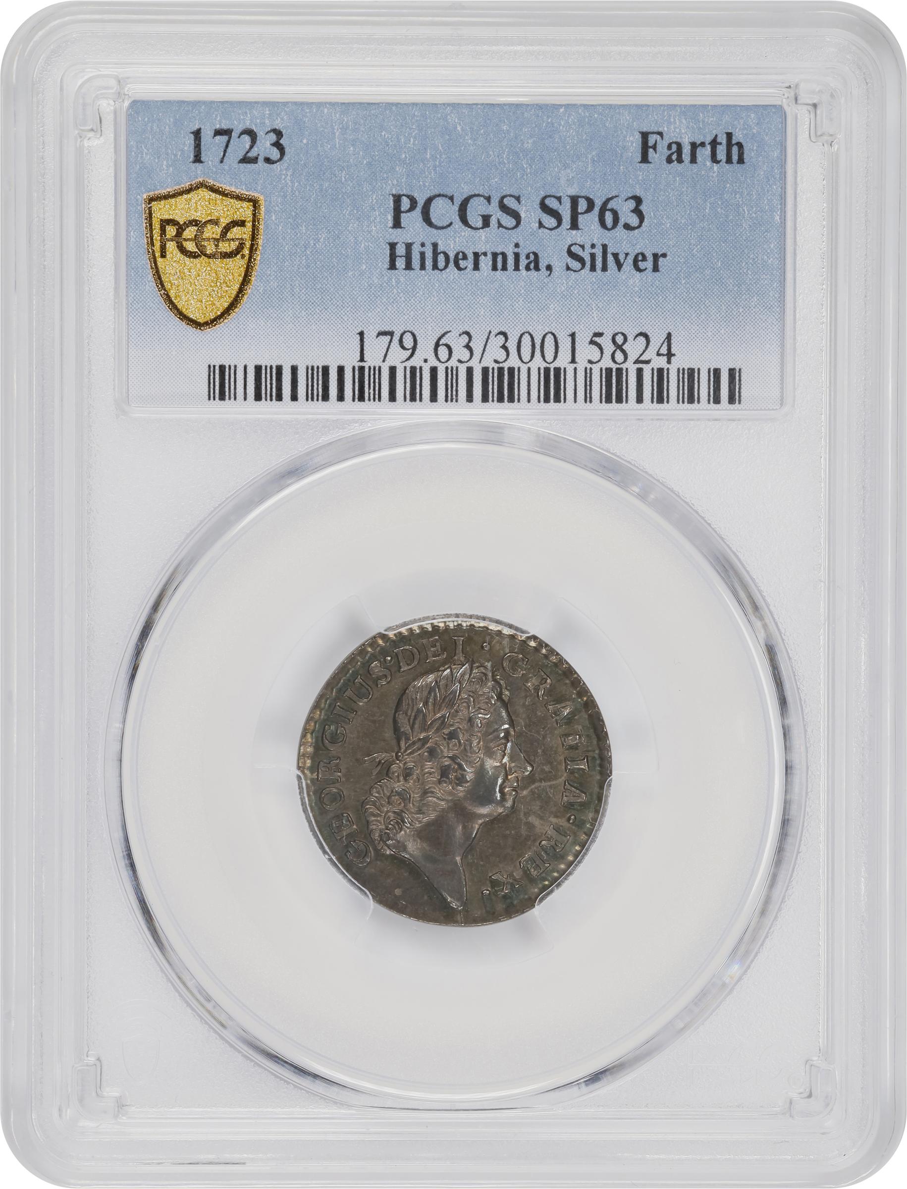 image for: 1723 Wood's Hibernia Farthing. Martin 3.2-Bc.10, W-12500. Rarity-5. Silver. Specimen-63 (PCGS).