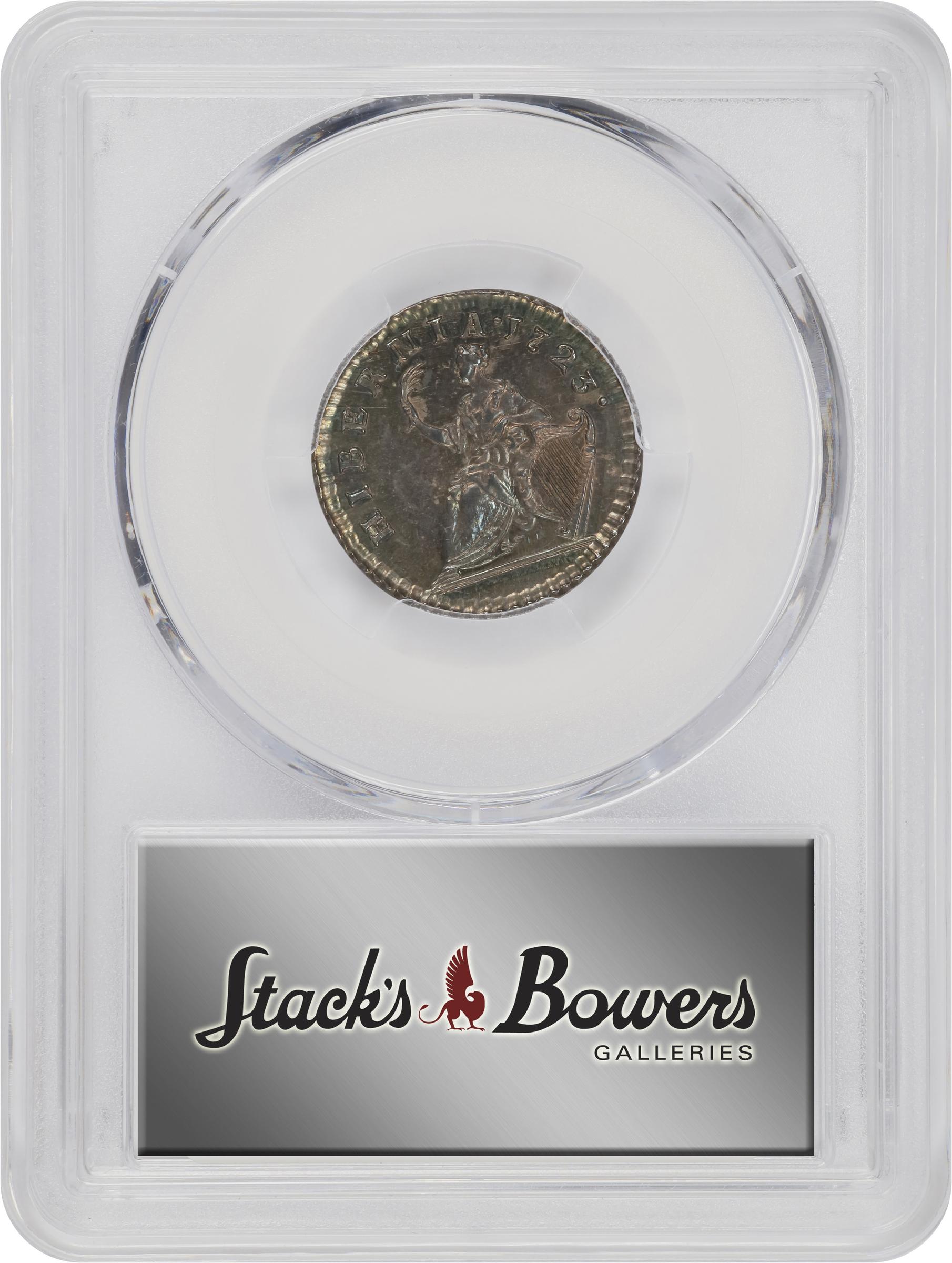 image for: 1723 Wood's Hibernia Farthing. Martin 3.2-Bc.10, W-12500. Rarity-5. Silver. Specimen-63 (PCGS).