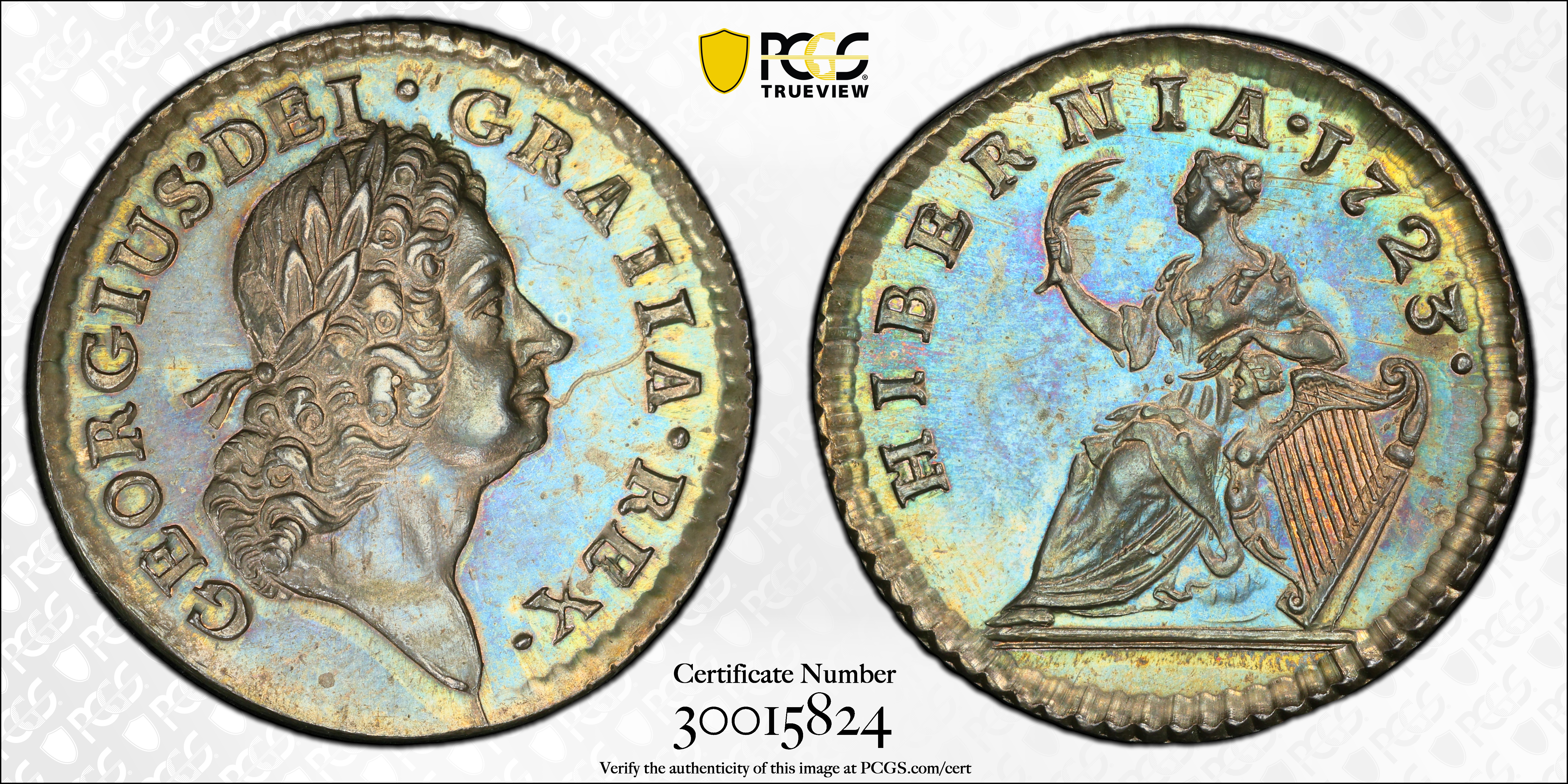 image for: 1723 Wood's Hibernia Farthing. Martin 3.2-Bc.10, W-12500. Rarity-5. Silver. Specimen-63 (PCGS).