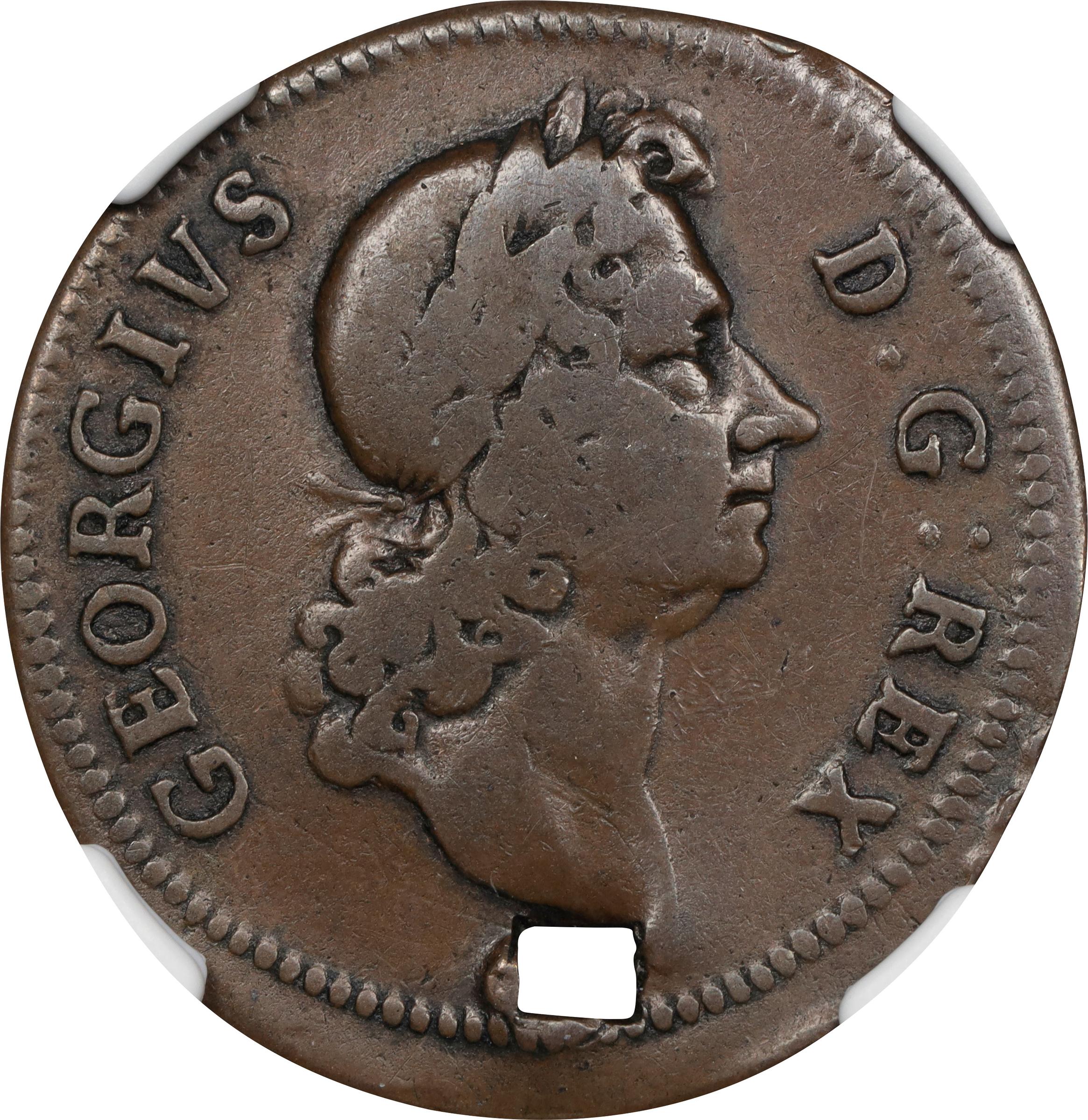 image for: 1722 Wood's Hibernia Halfpenny. Martin 1.1-A.1, W-12650. Rarity-7+. D: G: REX, Rocks at Right. VG Details--Holed (NGC).