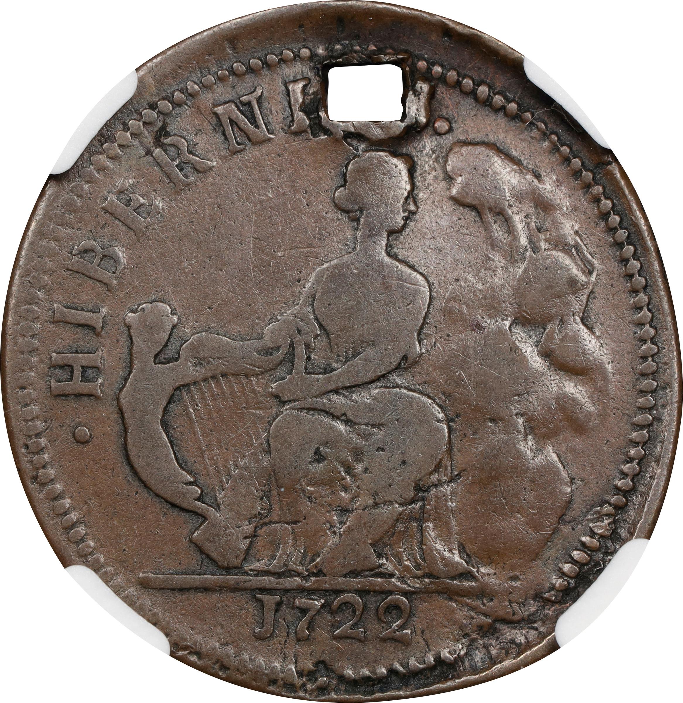 image for: 1722 Wood's Hibernia Halfpenny. Martin 1.1-A.1, W-12650. Rarity-7+. D: G: REX, Rocks at Right. VG Details--Holed (NGC).