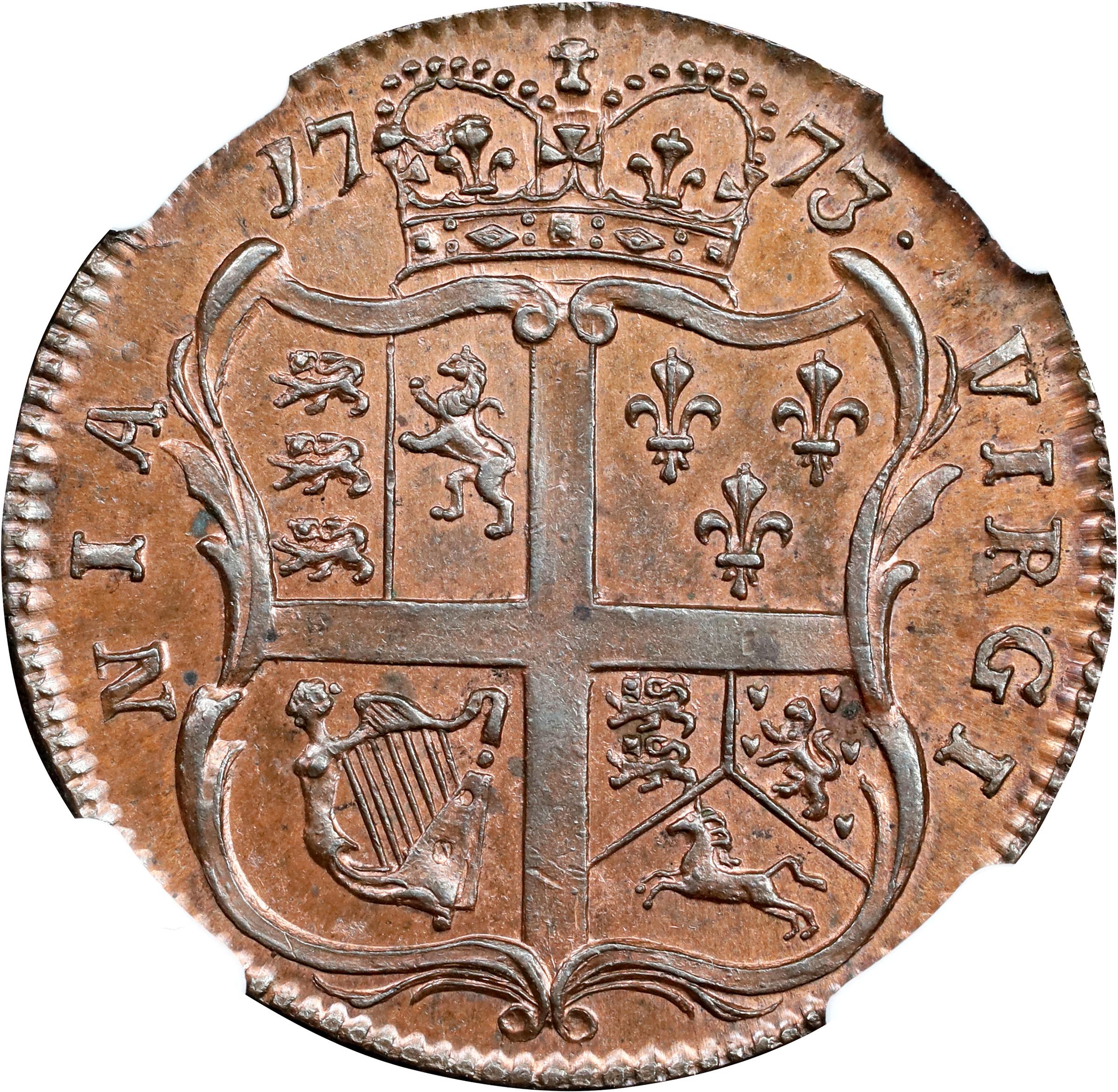 image for: 1773 Virginia Halfpenny. Newman 3-F, W-1455. Rarity-4. No Period After GEORGIVS, 7 Harp Strings. MS-64 RB (NGC). CAC.