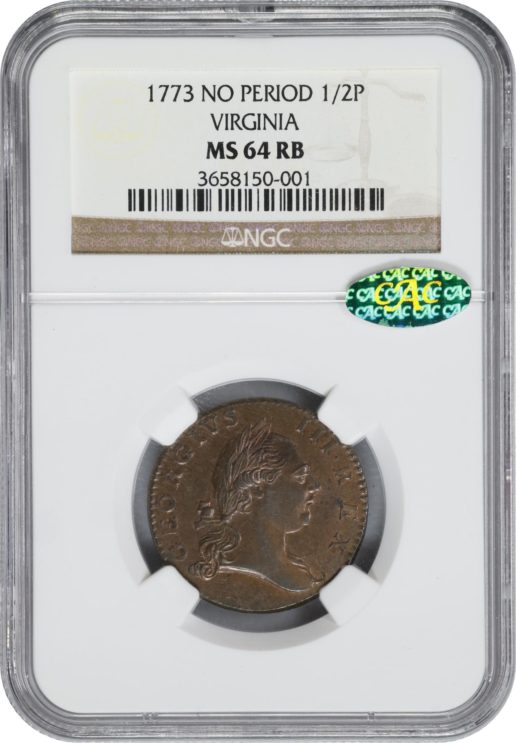 image for: 1773 Virginia Halfpenny. Newman 3-F, W-1455. Rarity-4. No Period After GEORGIVS, 7 Harp Strings. MS-64 RB (NGC). CAC.