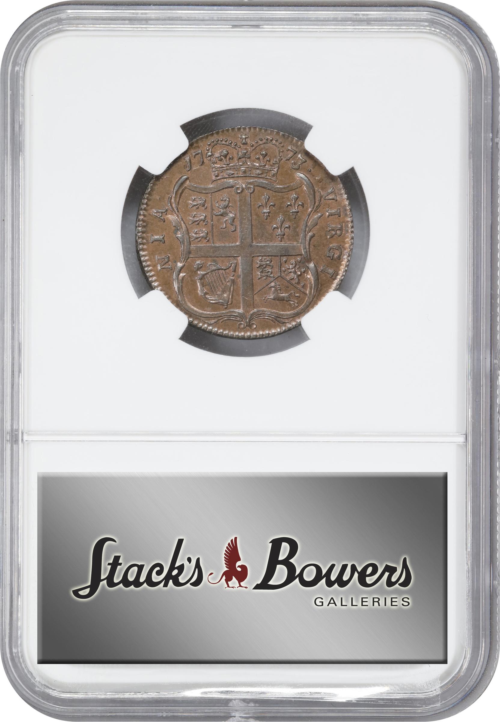 image for: 1773 Virginia Halfpenny. Newman 3-F, W-1455. Rarity-4. No Period After GEORGIVS, 7 Harp Strings. MS-64 RB (NGC). CAC.