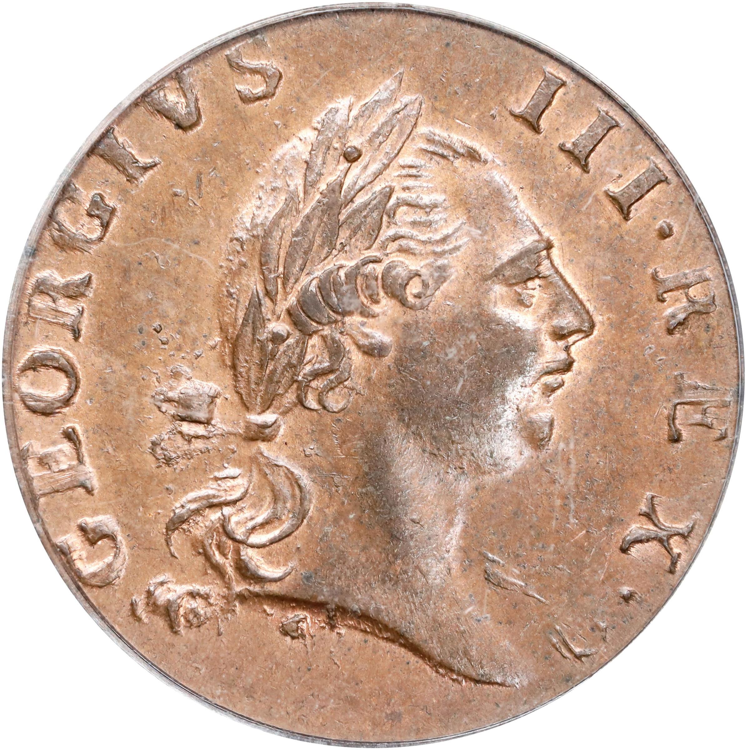 image for: 1773 Virginia Halfpenny. Newman 4-G, W-1460. Rarity-3. No Period After GEORGIVS, 7 Harp Strings. MS-64 RB (PCGS). CAC.