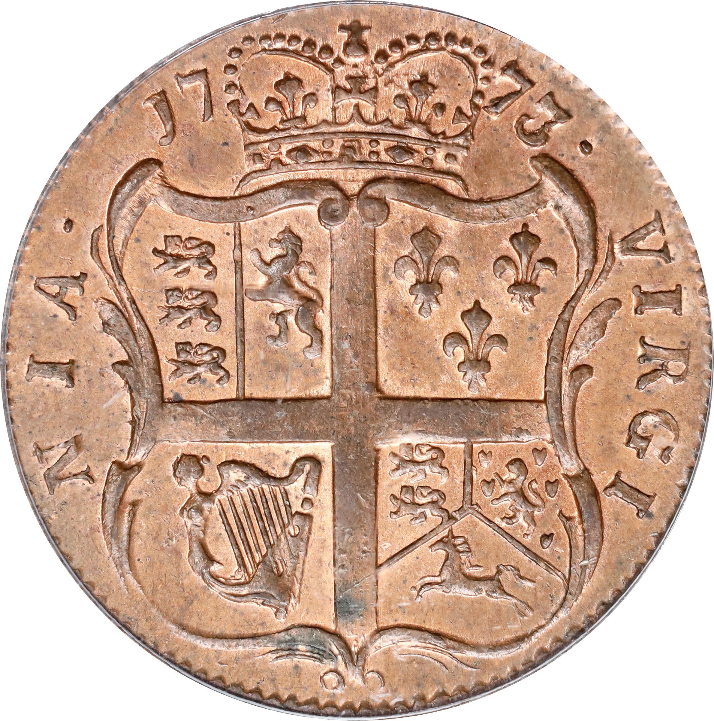 image for: 1773 Virginia Halfpenny. Newman 4-G, W-1460. Rarity-3. No Period After GEORGIVS, 7 Harp Strings. MS-64 RB (PCGS). CAC.