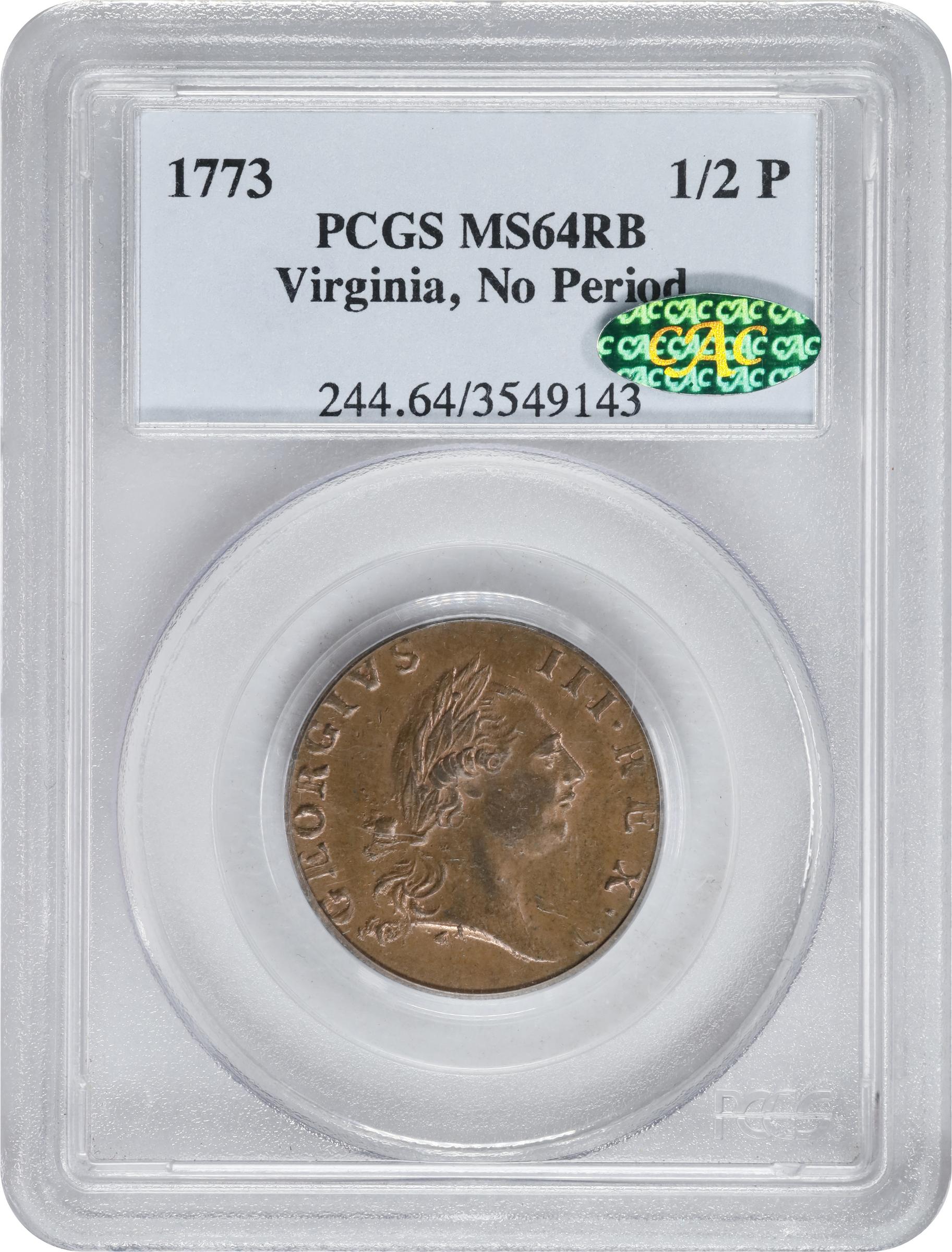 image for: 1773 Virginia Halfpenny. Newman 4-G, W-1460. Rarity-3. No Period After GEORGIVS, 7 Harp Strings. MS-64 RB (PCGS). CAC.