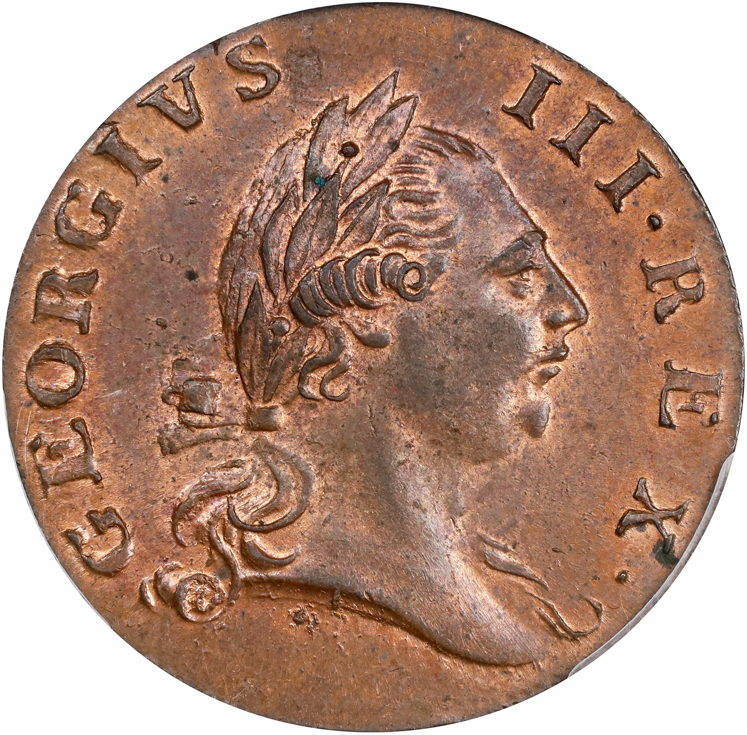 image for: 1773 Virginia Halfpenny. Newman 4-O, W-1470. Rarity-4. No Period After GEORGIVS, 7 Harp Strings. MS-64 RB (PCGS).