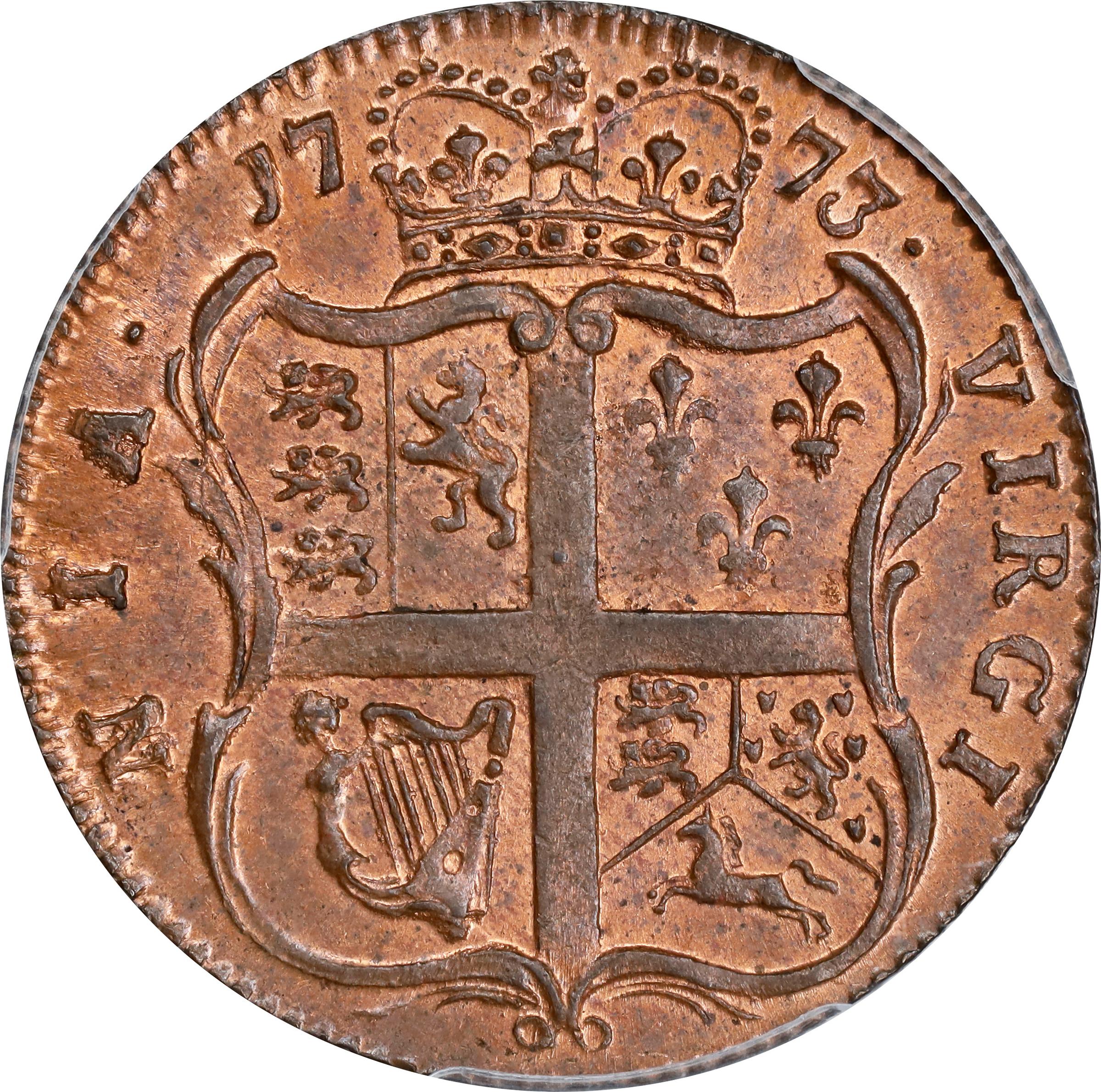 image for: 1773 Virginia Halfpenny. Newman 4-O, W-1470. Rarity-4. No Period After GEORGIVS, 7 Harp Strings. MS-64 RB (PCGS).