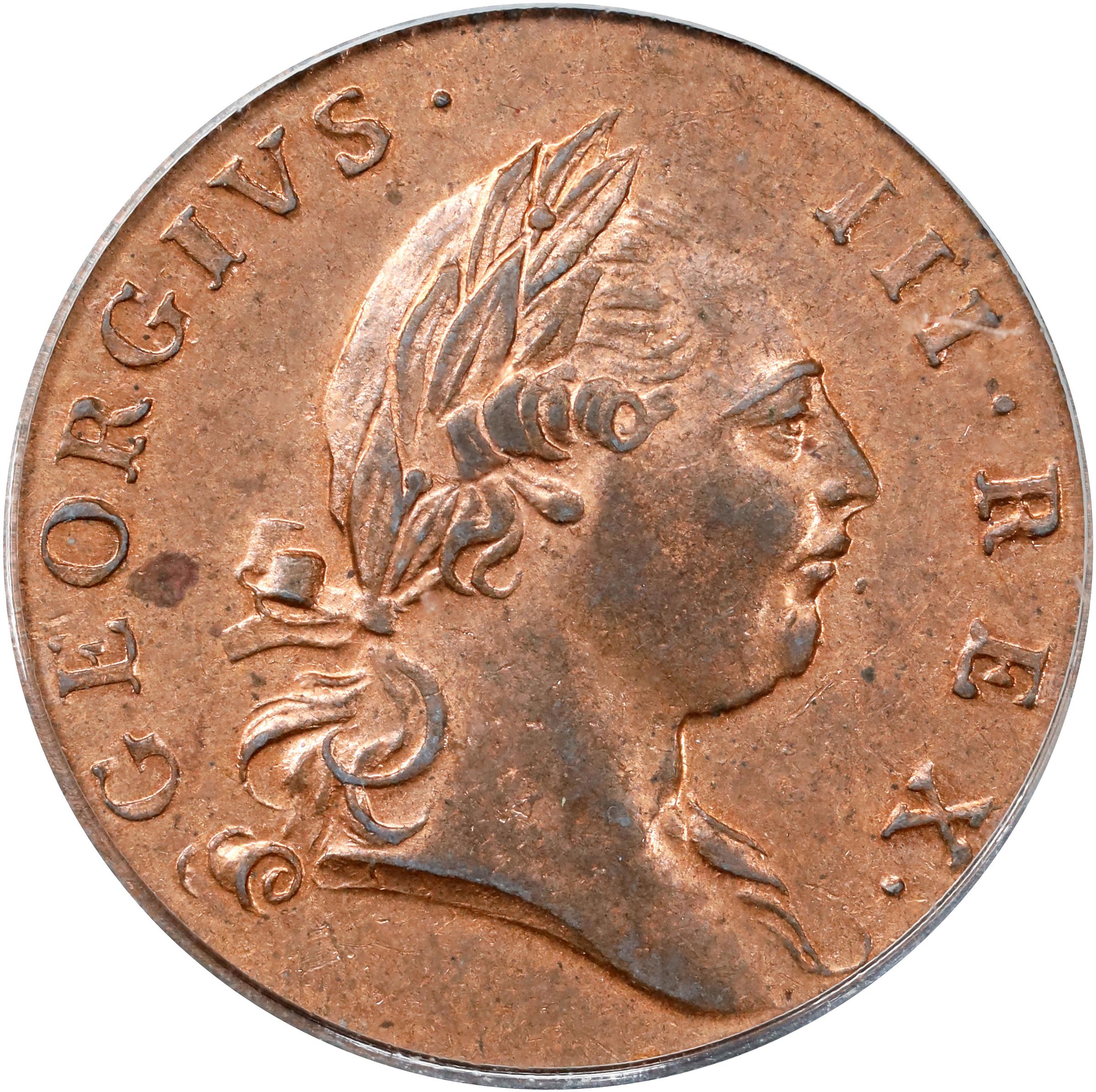 image for: 1773 Virginia Halfpenny. Newman 27-J, W-1585. Rarity-2. Period After GEORGIVS, 7 Harp Strings. MS-63 RD (PCGS). OGH.