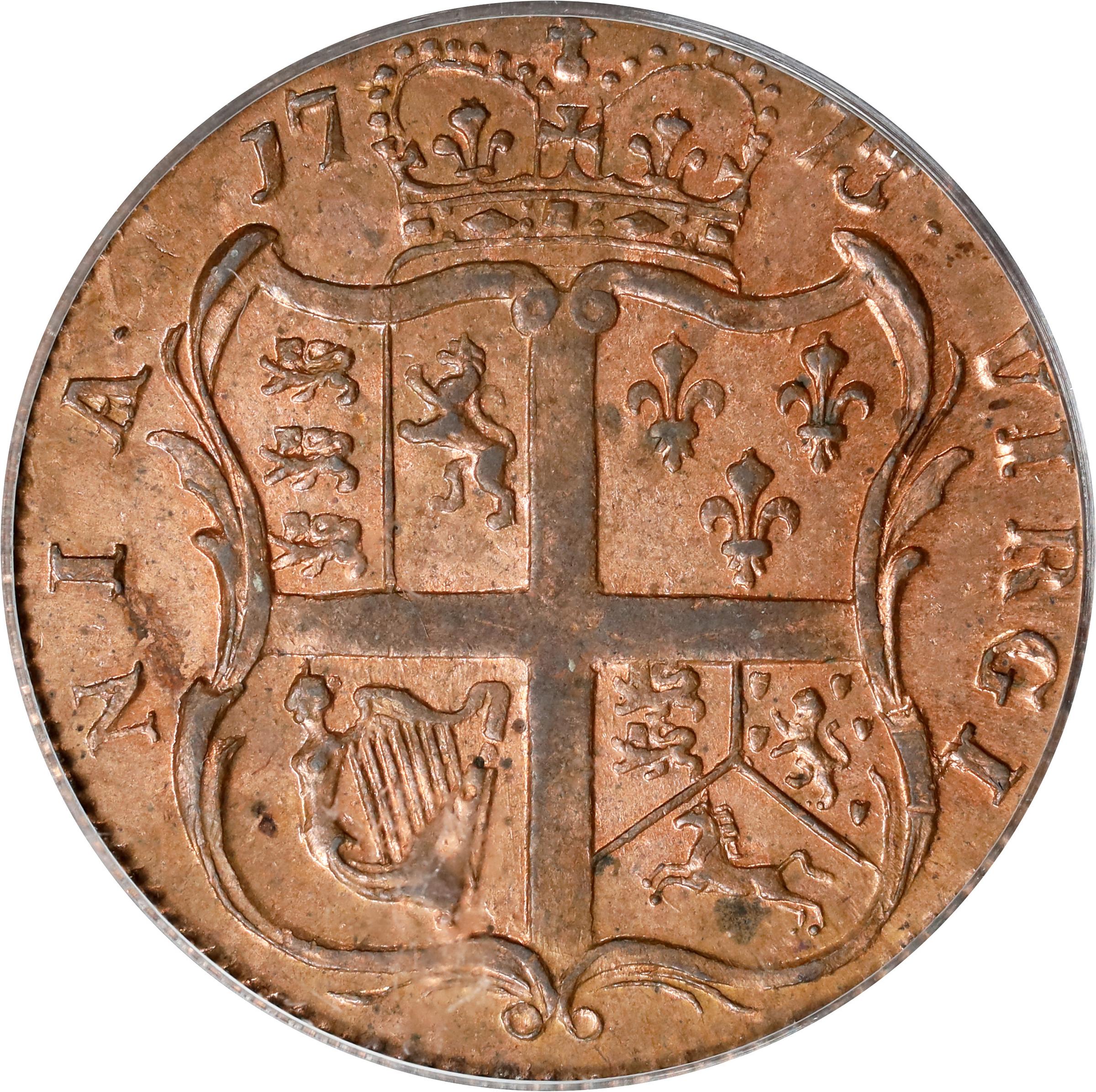 image for: 1773 Virginia Halfpenny. Newman 27-J, W-1585. Rarity-2. Period After GEORGIVS, 7 Harp Strings. MS-63 RD (PCGS). OGH.