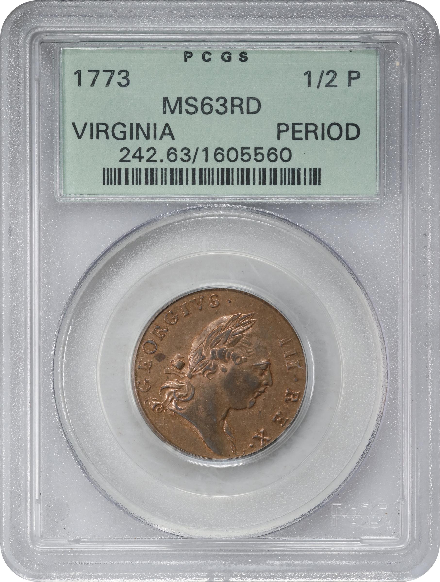 image for: 1773 Virginia Halfpenny. Newman 27-J, W-1585. Rarity-2. Period After GEORGIVS, 7 Harp Strings. MS-63 RD (PCGS). OGH.