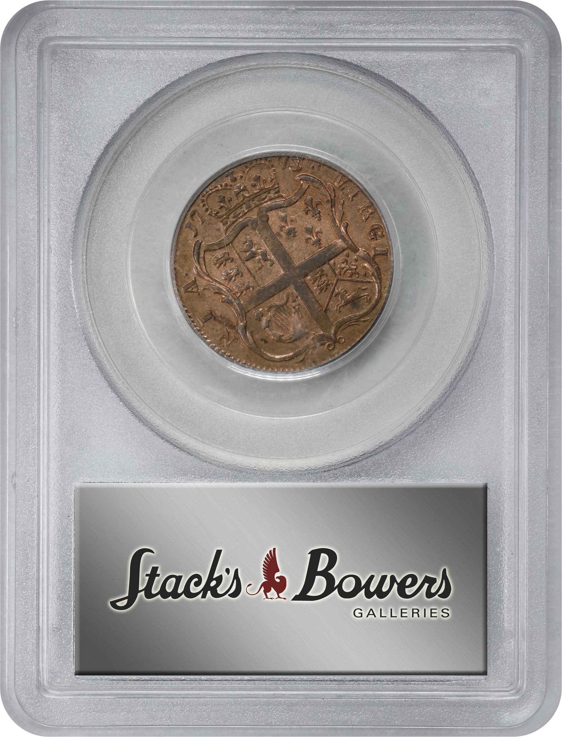 image for: 1773 Virginia Halfpenny. Newman 27-J, W-1585. Rarity-2. Period After GEORGIVS, 7 Harp Strings. MS-63 RD (PCGS). OGH.