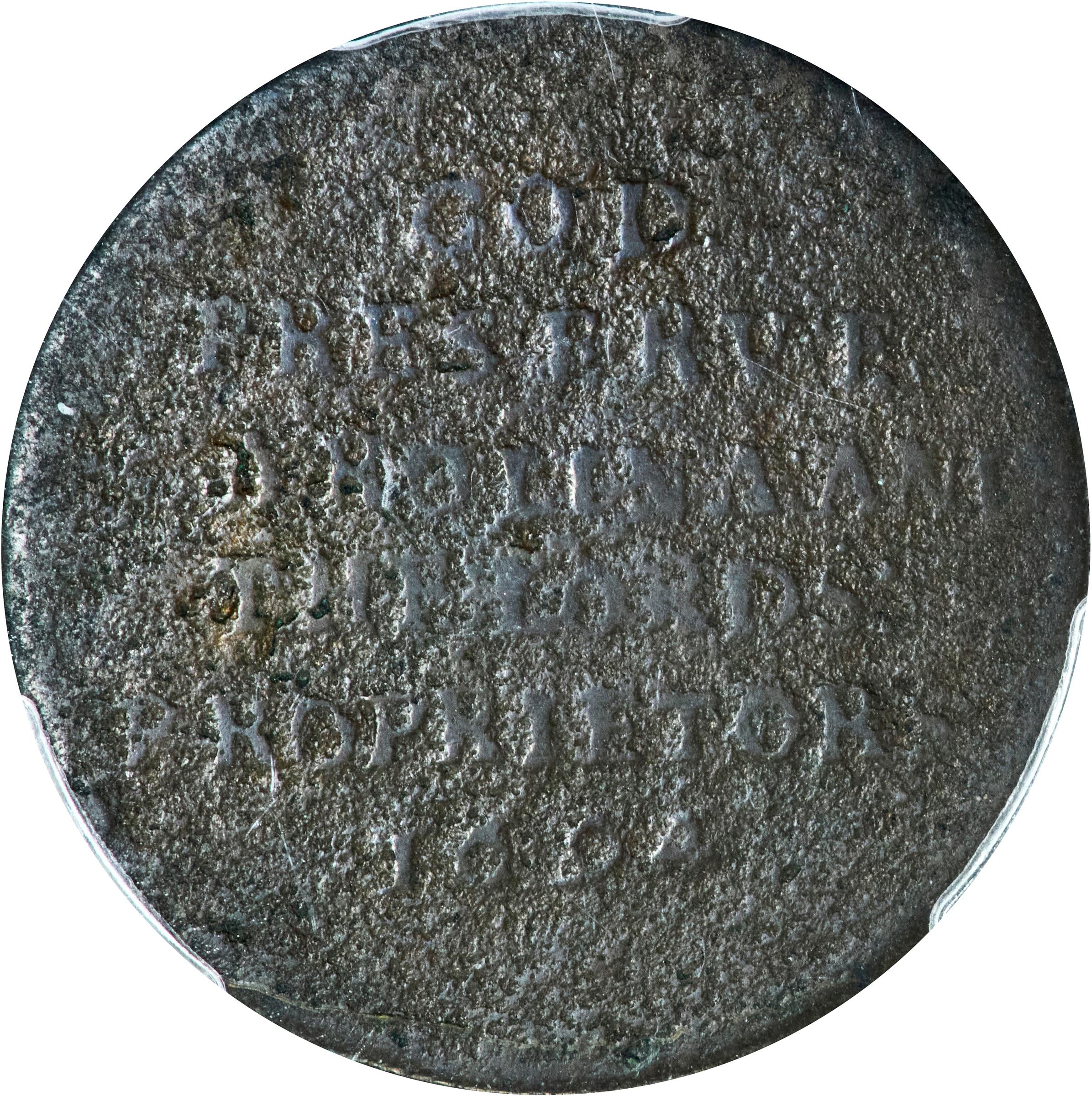 image for: 1694 Carolina Elephant Token. Hodder 2-F, W-12120. Rarity-6. PROPRIETORS, O/E. Fine Details--Environmental Damage (PCGS).