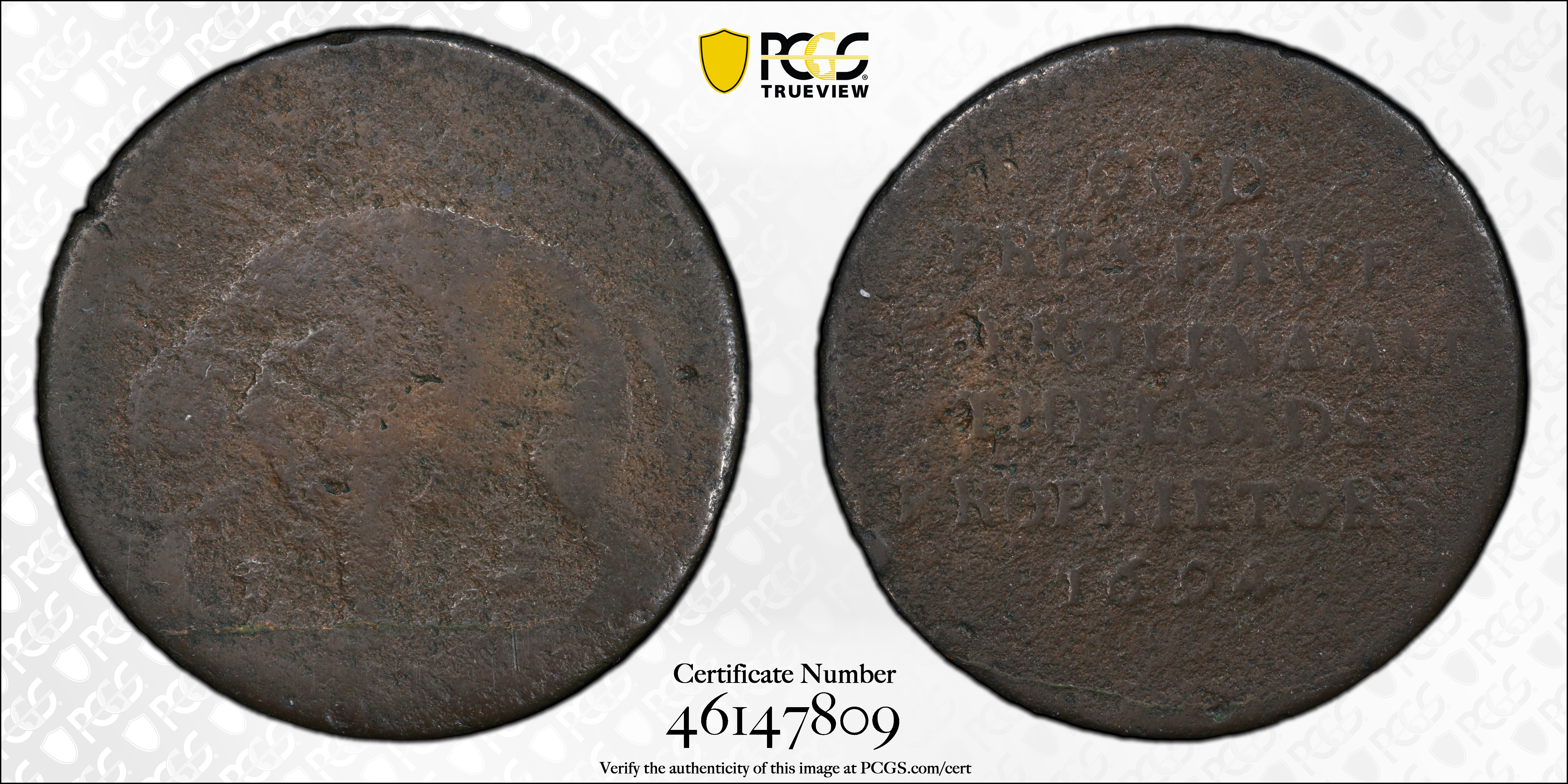image for: 1694 Carolina Elephant Token. Hodder 2-F, W-12120. Rarity-6. PROPRIETORS, O/E. Fine Details--Environmental Damage (PCGS).