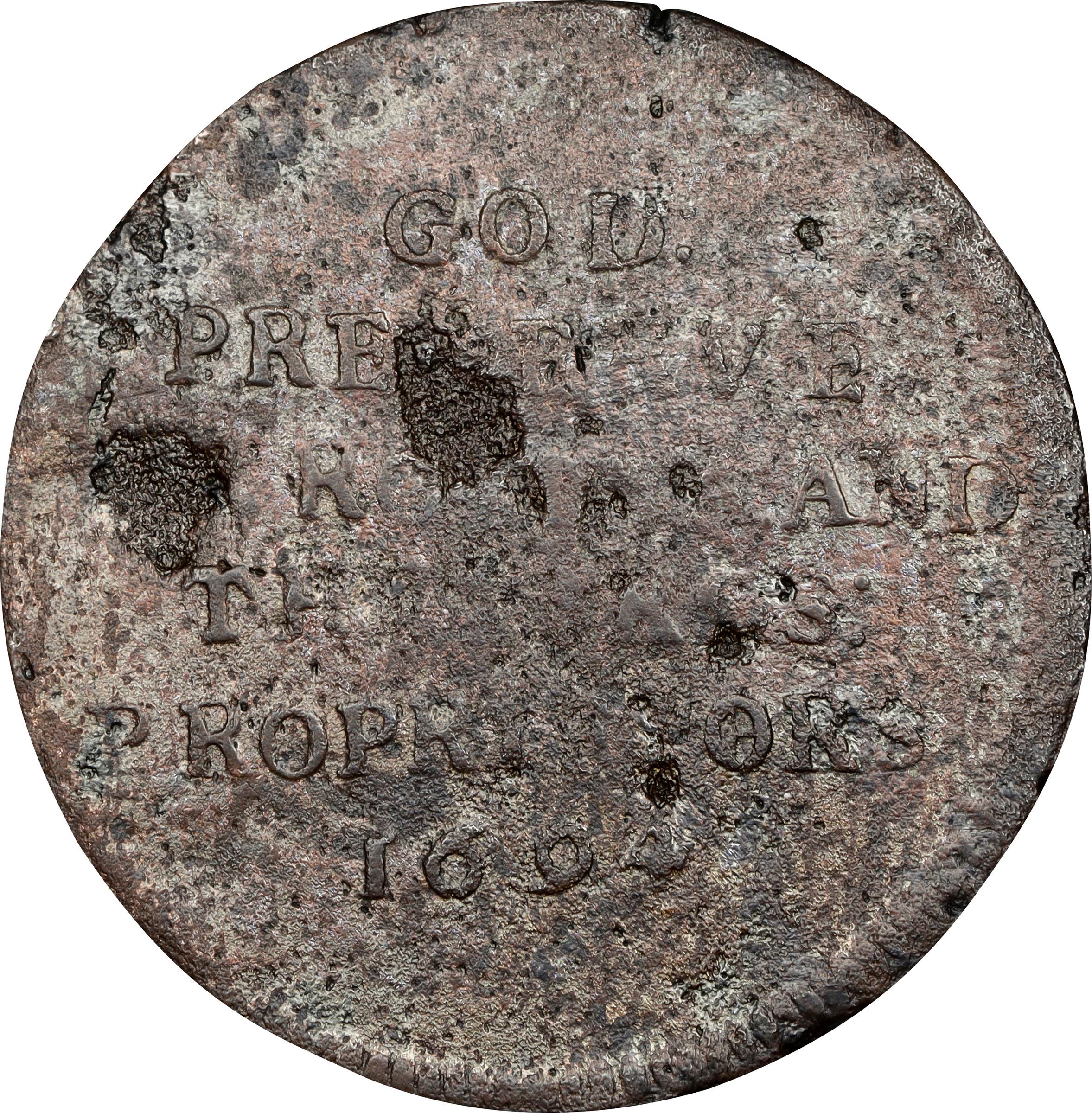 image for: 1694 Carolina Elephant Token. Hodder 2-F, W-12120. Rarity-6. PROPRIETORS, O/E. VG Details--Environmental Damage (PCGS).