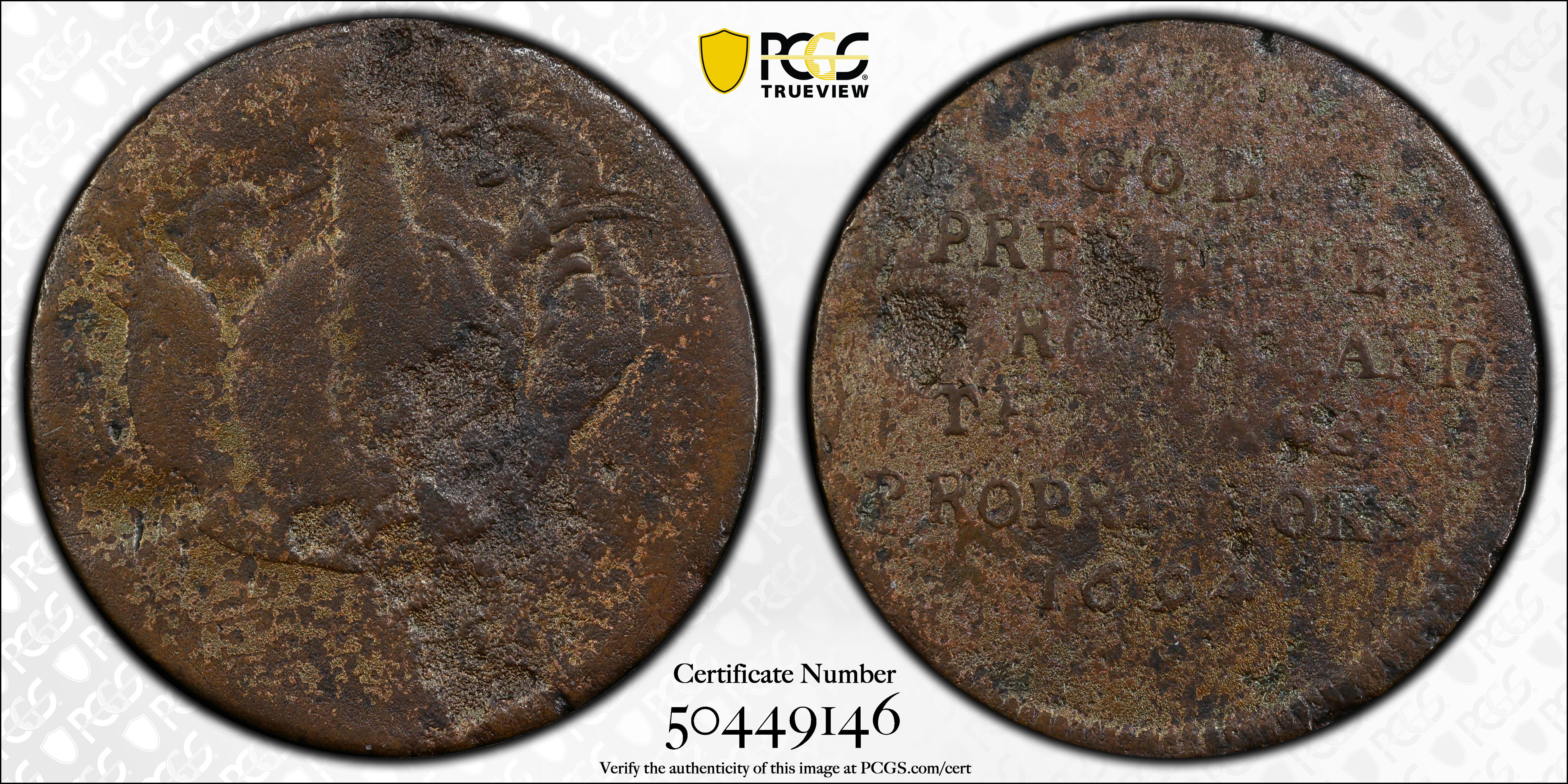 image for: 1694 Carolina Elephant Token. Hodder 2-F, W-12120. Rarity-6. PROPRIETORS, O/E. VG Details--Environmental Damage (PCGS).