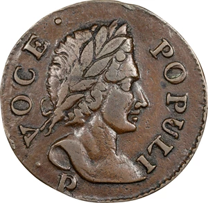 image for: 1760 Voce Populi Halfpenny. Nelson-13, Zelinka 14-M, W-13960. Rarity-4. P Below Bust. AU-53 (PCGS).