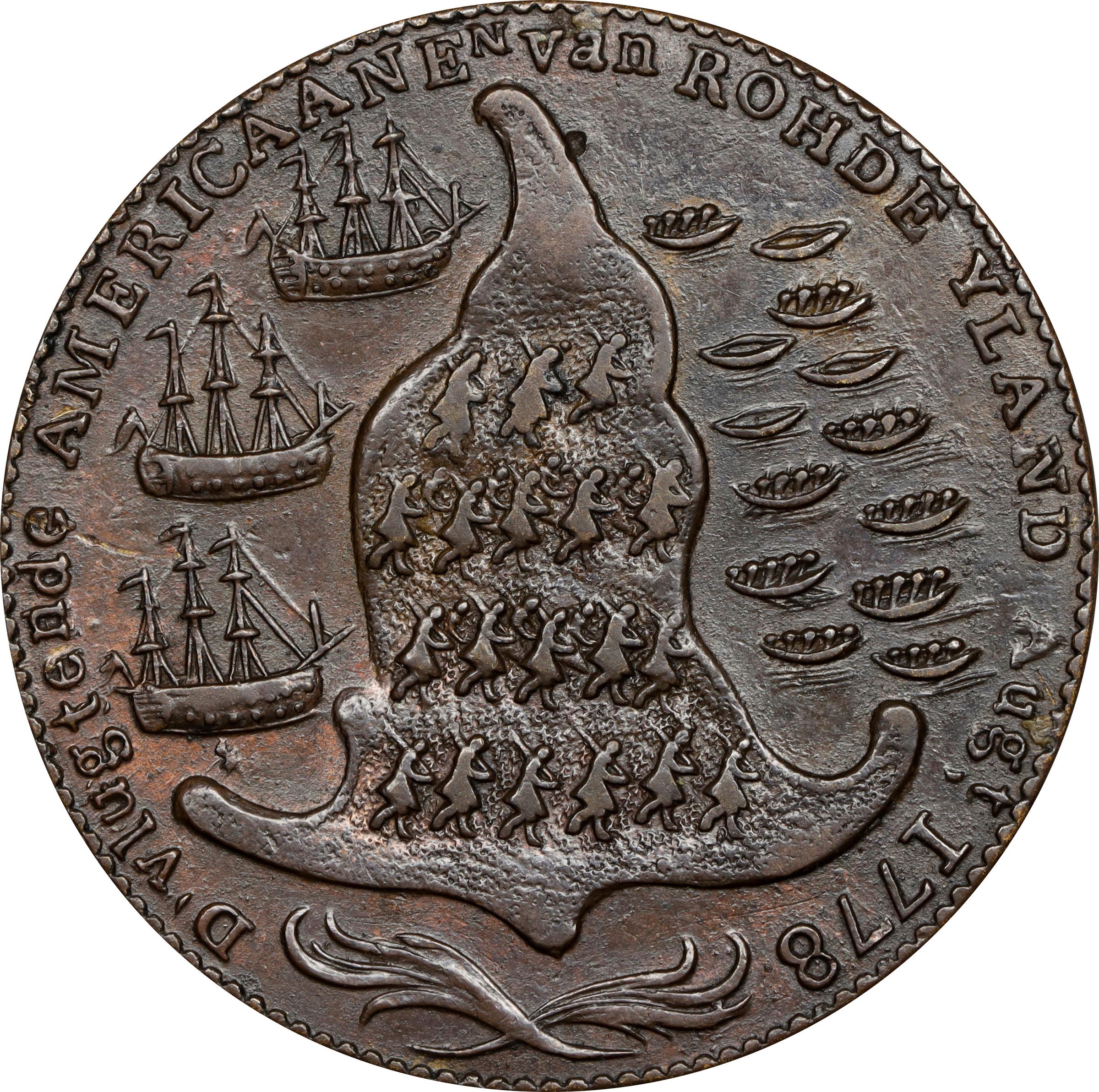 image for: "1778-1779" (ca. 1780) Rhode Island Ship Medal. Betts-562, W-1730. Without Wreath Below Ship. Brass or Pinchbeck. MS-62 (PCGS).