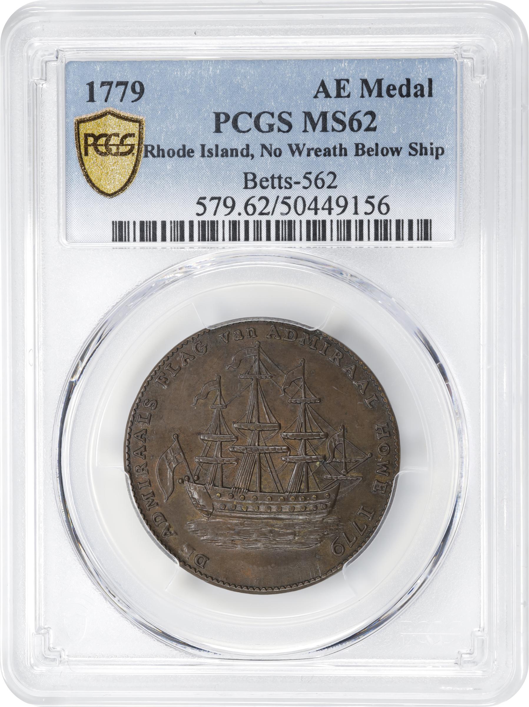 image for: "1778-1779" (ca. 1780) Rhode Island Ship Medal. Betts-562, W-1730. Without Wreath Below Ship. Brass or Pinchbeck. MS-62 (PCGS).