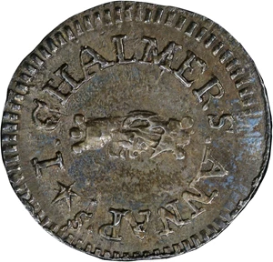 image for: 1783 John Chalmers Threepence. W-1760. Rarity-5. Double Struck. AU-55 (PCGS).