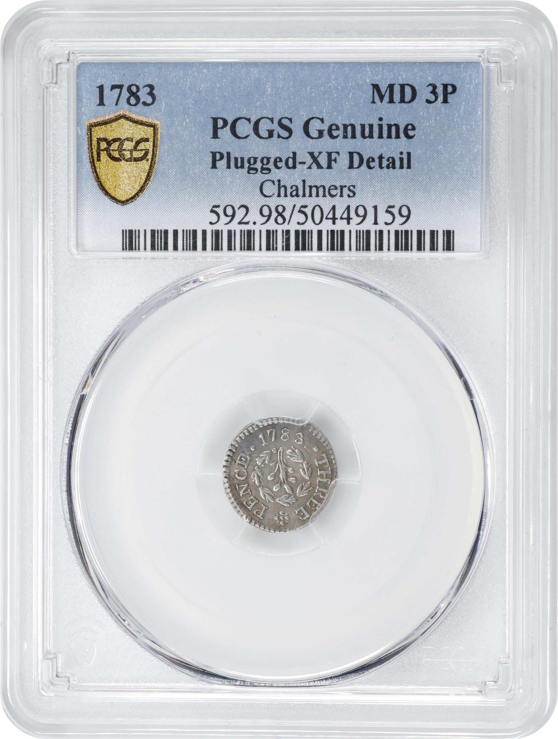 image for: 1783 John Chalmers Threepence. W-1760. Rarity-5. EF Details--Plugged (PCGS).