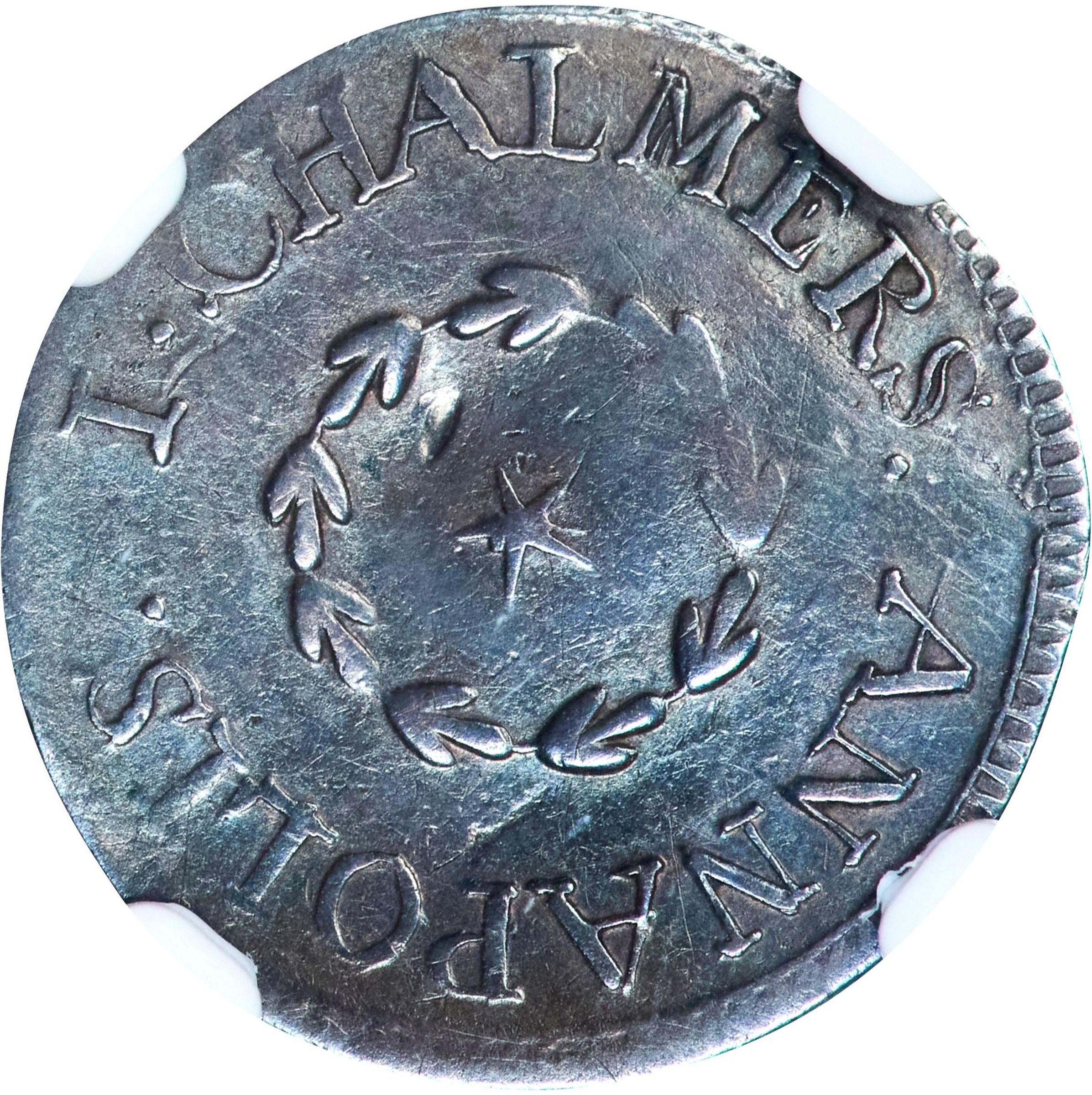 image for: 1783 John Chalmers Sixpence. W-1770. Rarity-6. Large Date. Period After Date. EF Details--Bent (NGC).