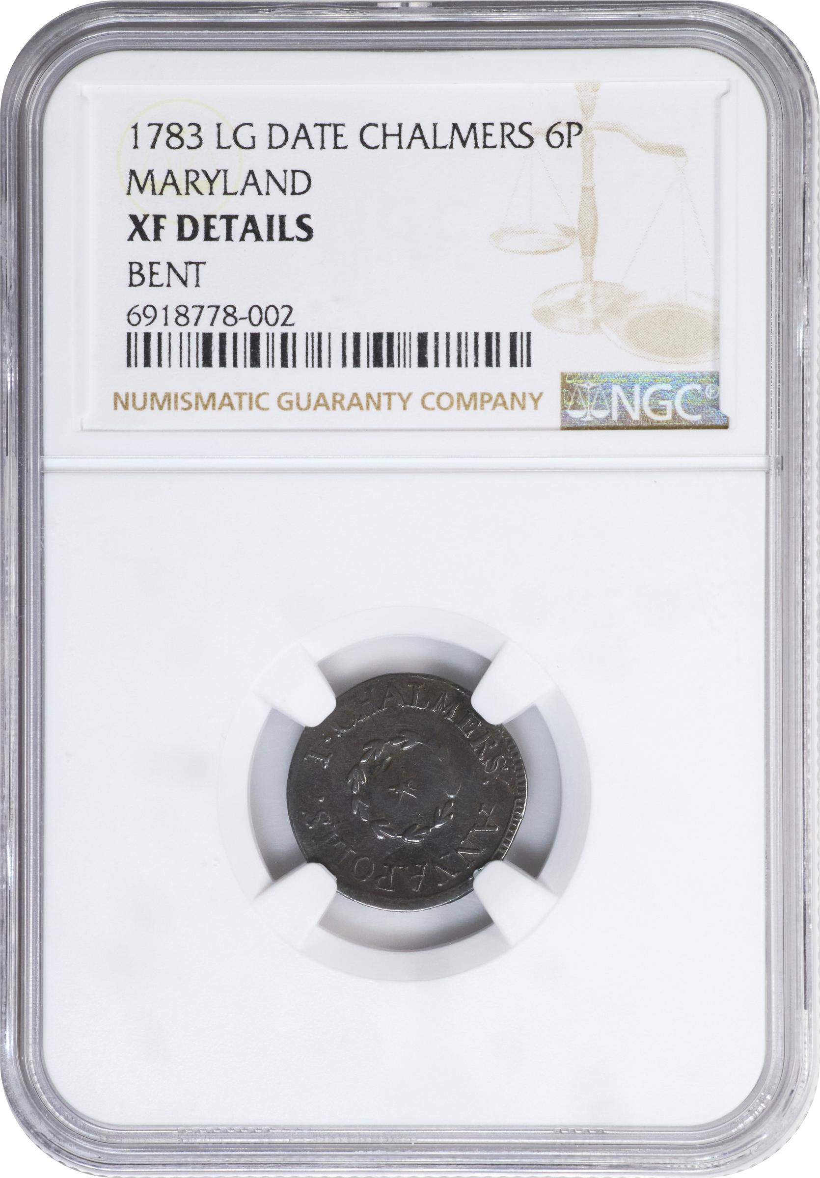 image for: 1783 John Chalmers Sixpence. W-1770. Rarity-6. Large Date. Period After Date. EF Details--Bent (NGC).