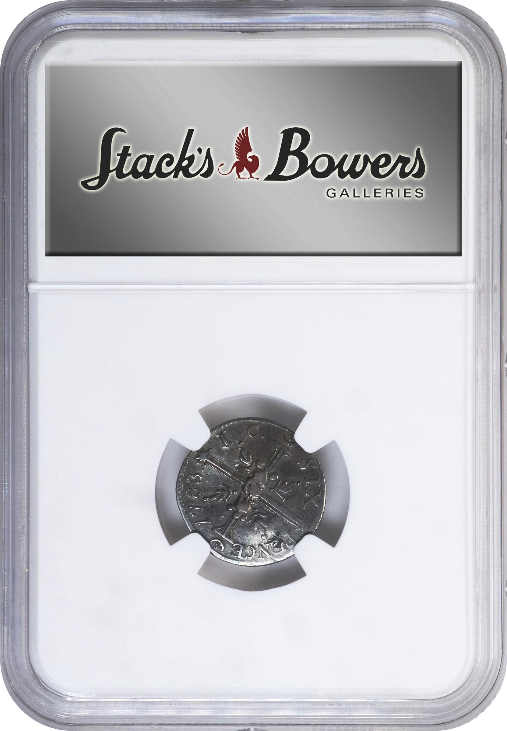 image for: 1783 John Chalmers Sixpence. W-1770. Rarity-6. Large Date. Period After Date. EF Details--Bent (NGC).