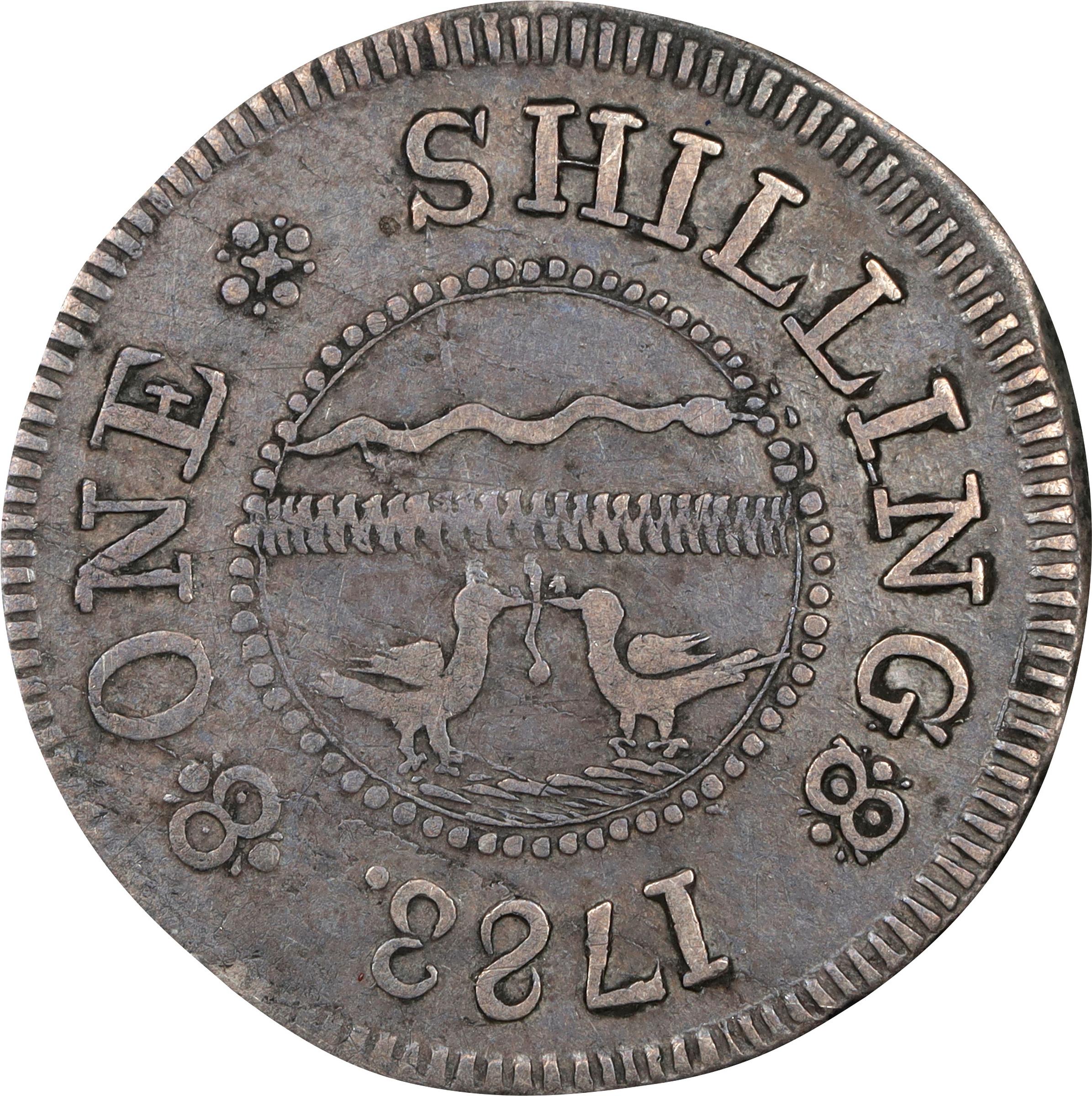 image for: 1783 John Chalmers Shilling. W-1785. Rarity-4+. Birds, Short Worm. EF-40 (PCGS).