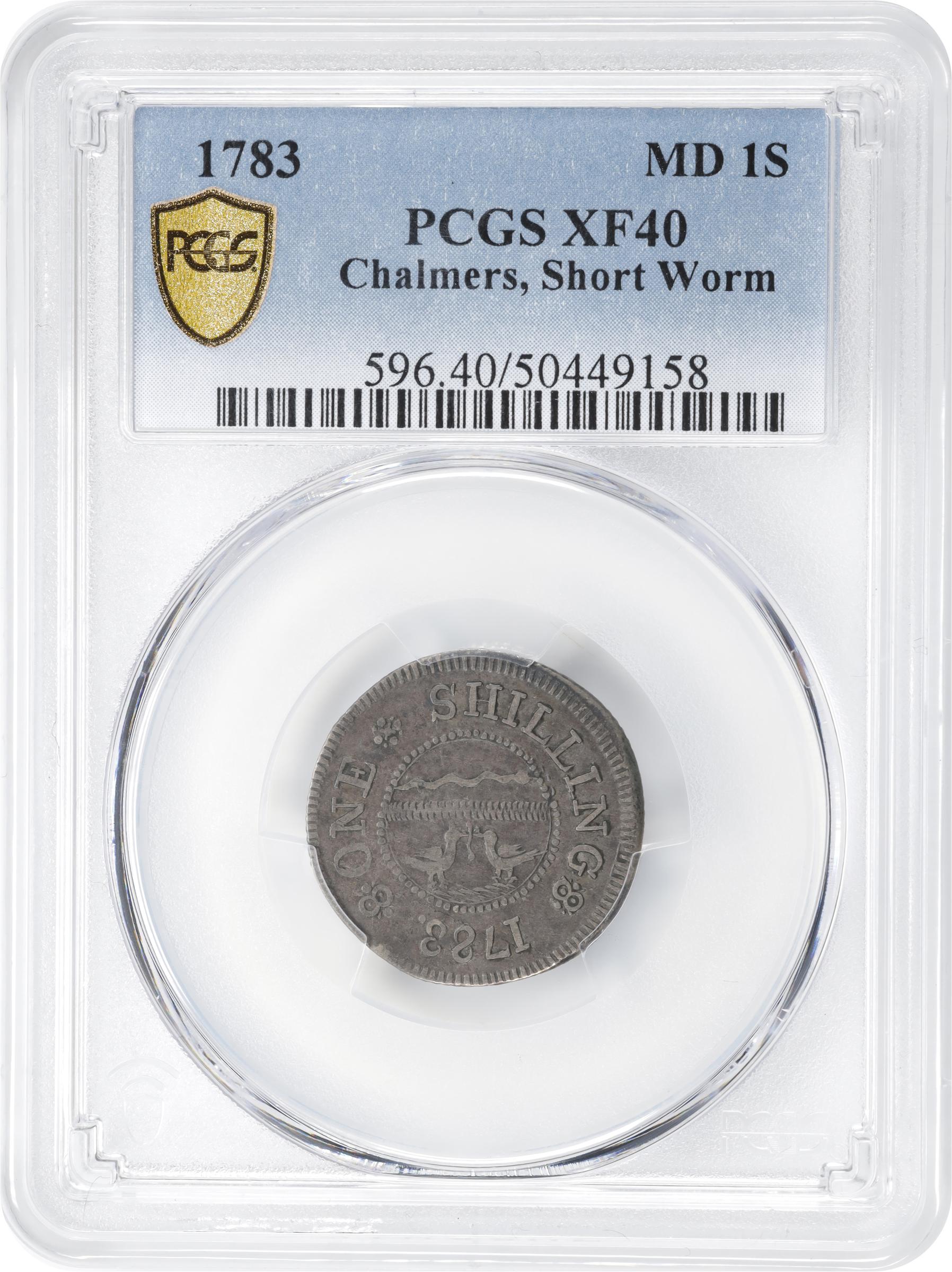 image for: 1783 John Chalmers Shilling. W-1785. Rarity-4+. Birds, Short Worm. EF-40 (PCGS).