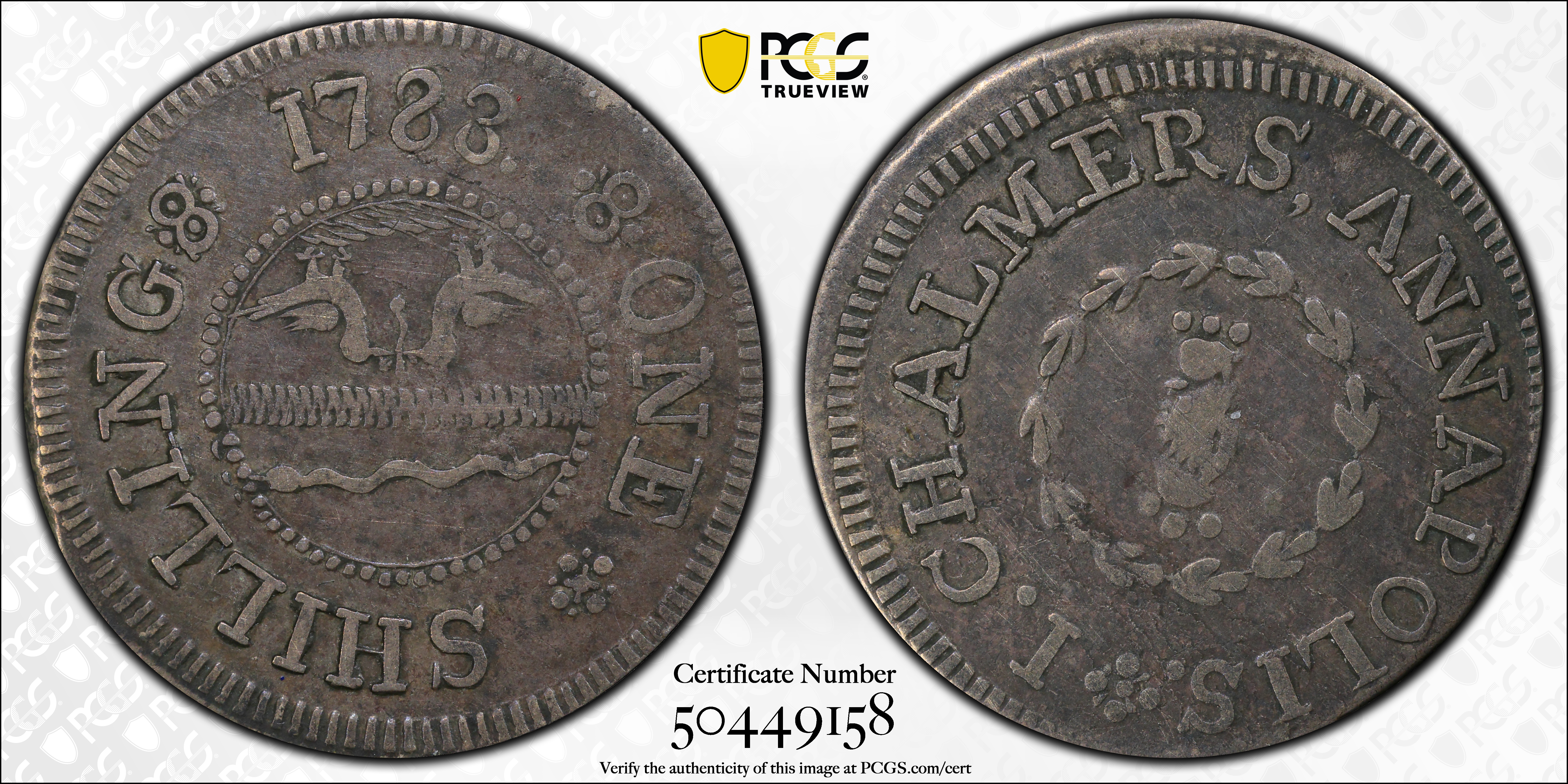 image for: 1783 John Chalmers Shilling. W-1785. Rarity-4+. Birds, Short Worm. EF-40 (PCGS).