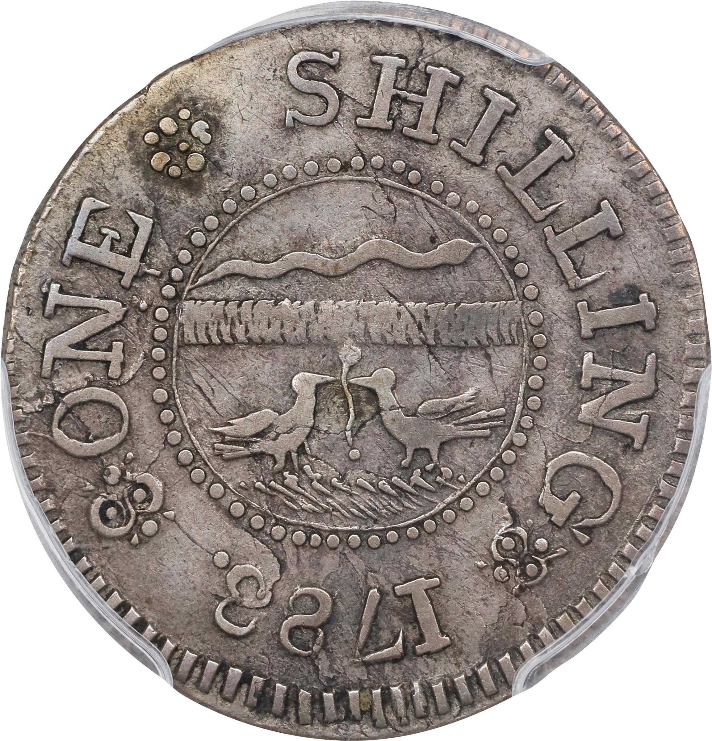 image for: 1783 John Chalmers Shilling. W-1790. Rarity-4. Birds, Long Worm. EF-40 (PCGS).