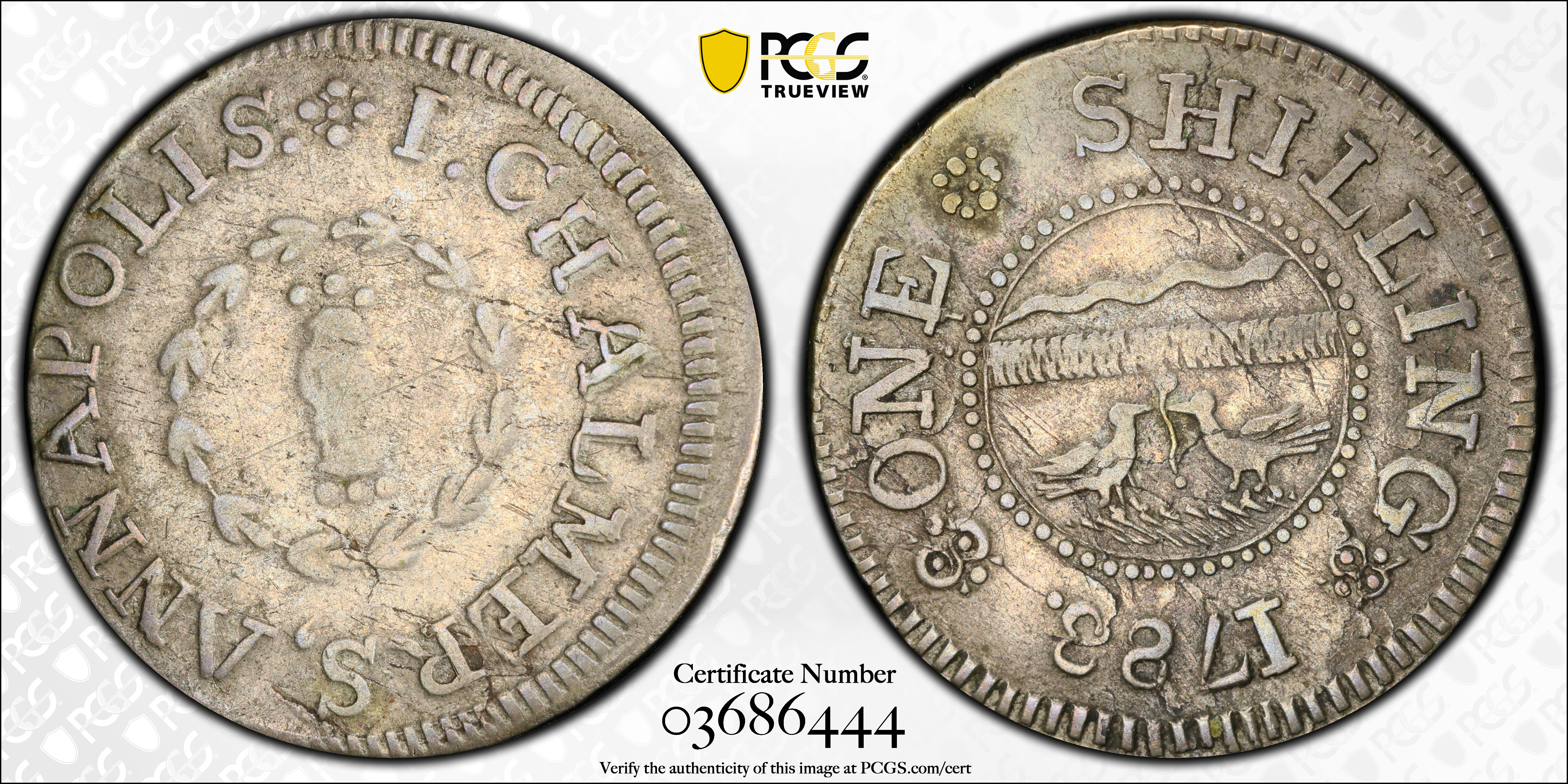 image for: 1783 John Chalmers Shilling. W-1790. Rarity-4. Birds, Long Worm. EF-40 (PCGS).