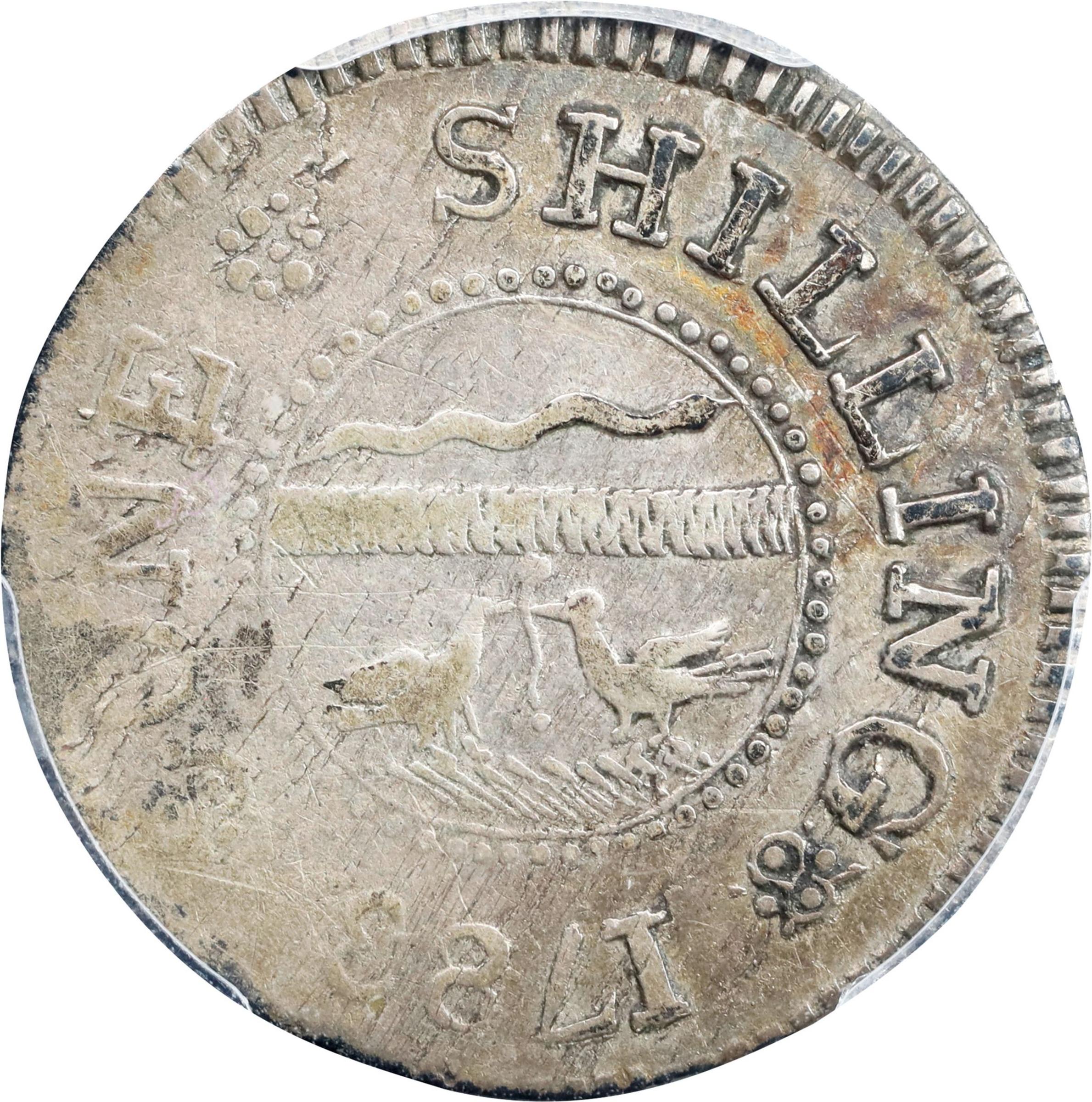 image for: 1783 John Chalmers Shilling. W-1790. Rarity-4. Birds, Long Worm. VF-30 (PCGS).