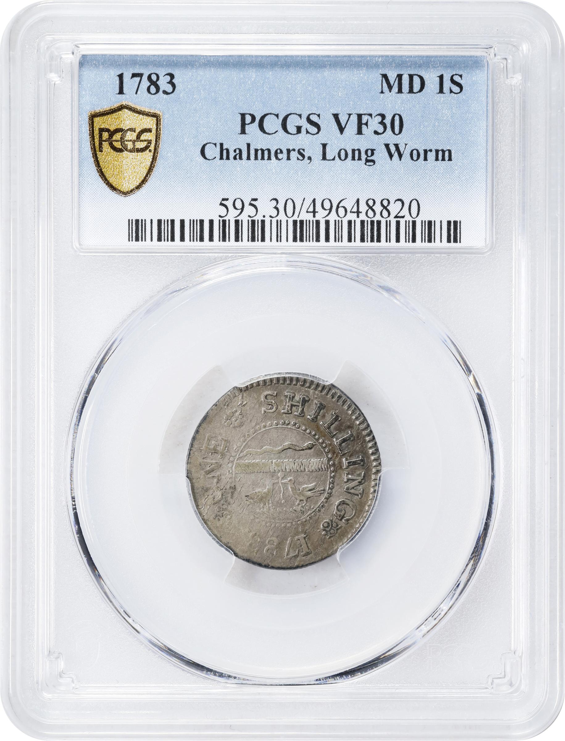 image for: 1783 John Chalmers Shilling. W-1790. Rarity-4. Birds, Long Worm. VF-30 (PCGS).