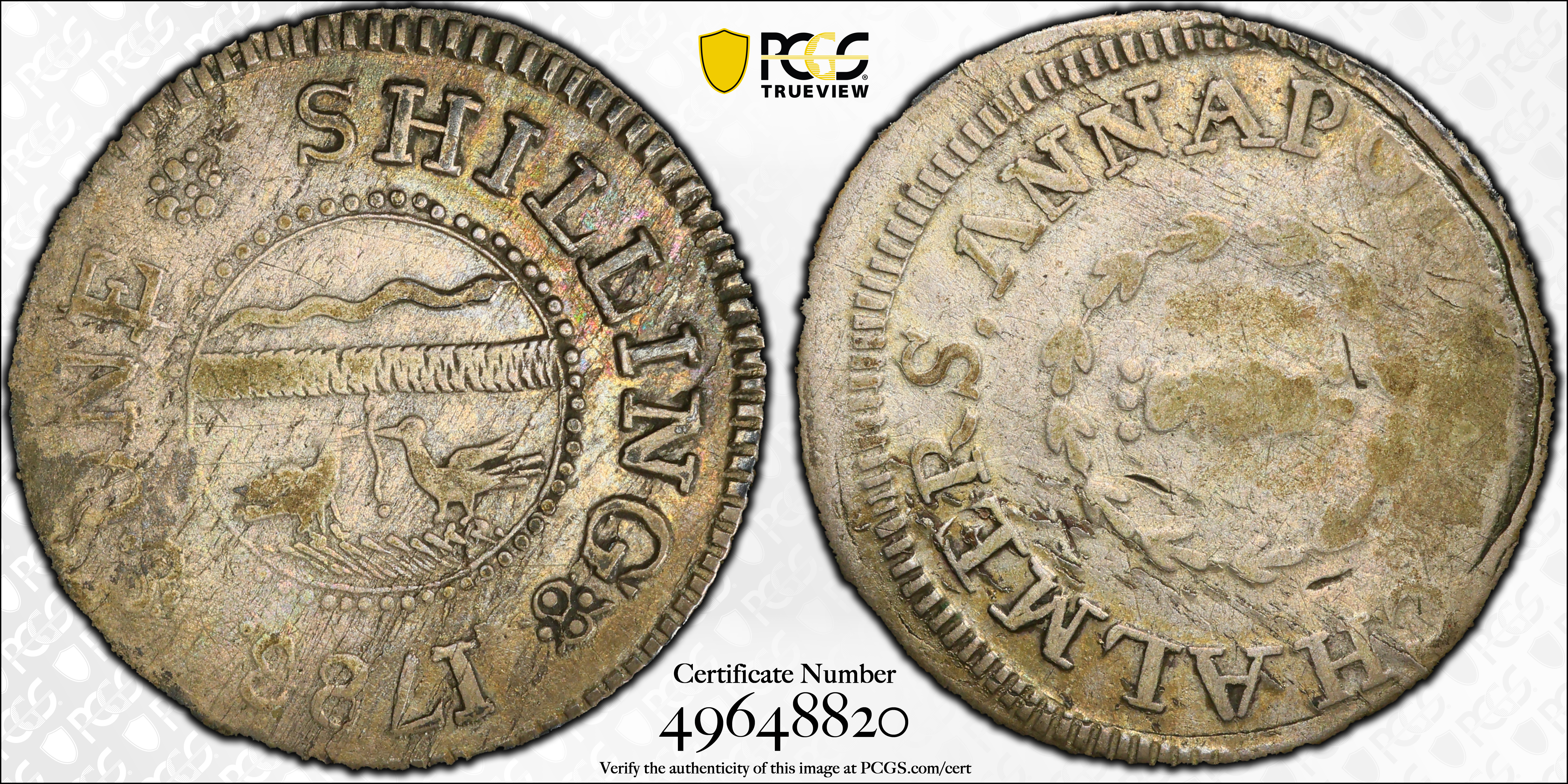 image for: 1783 John Chalmers Shilling. W-1790. Rarity-4. Birds, Long Worm. VF-30 (PCGS).