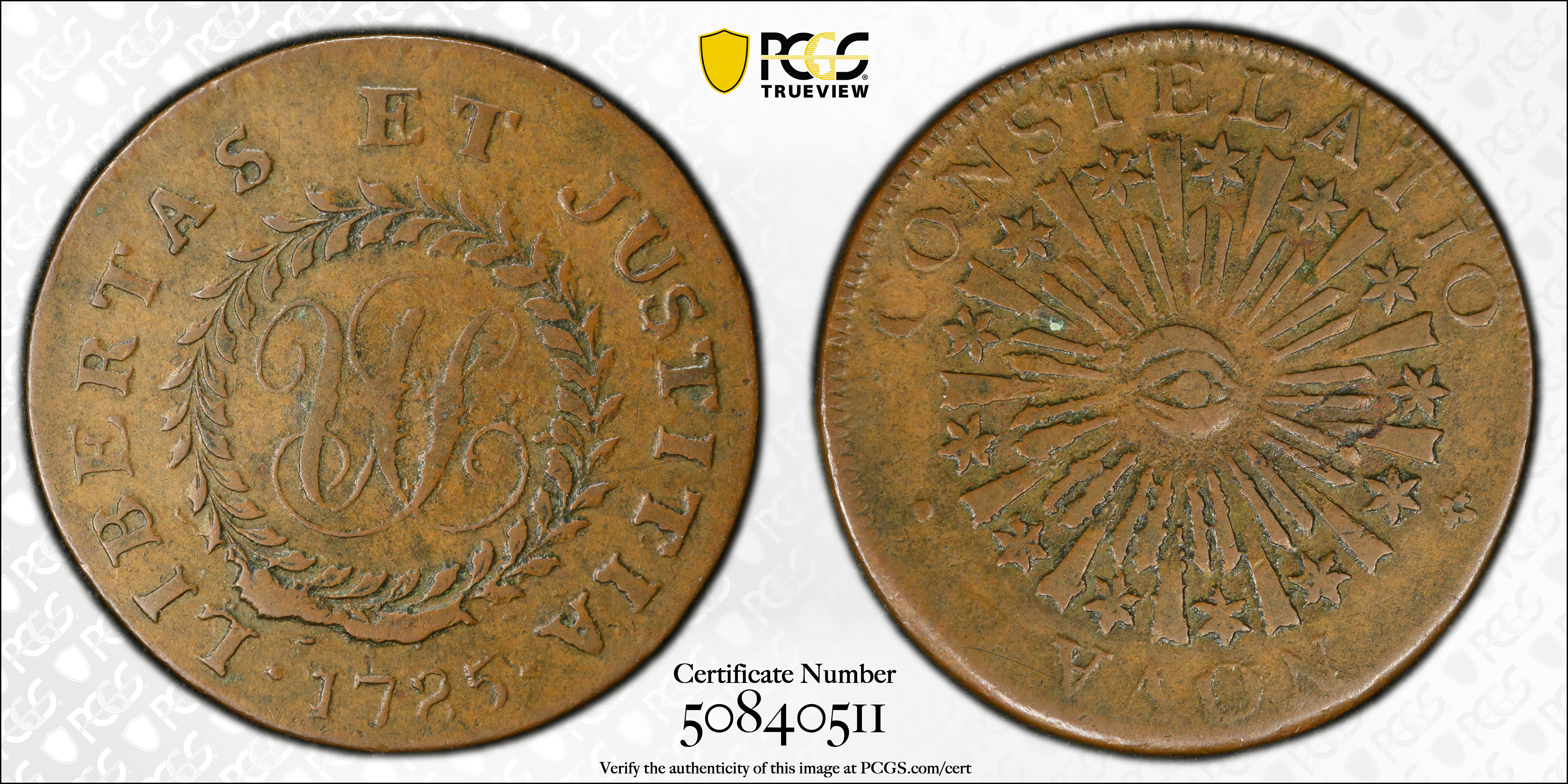 image for: 1785 Nova Constellatio Copper. Crosby 1-B, W-1880. Rarity-4. CONSTELATIO, Blunt Rays. EF-45 (PCGS).