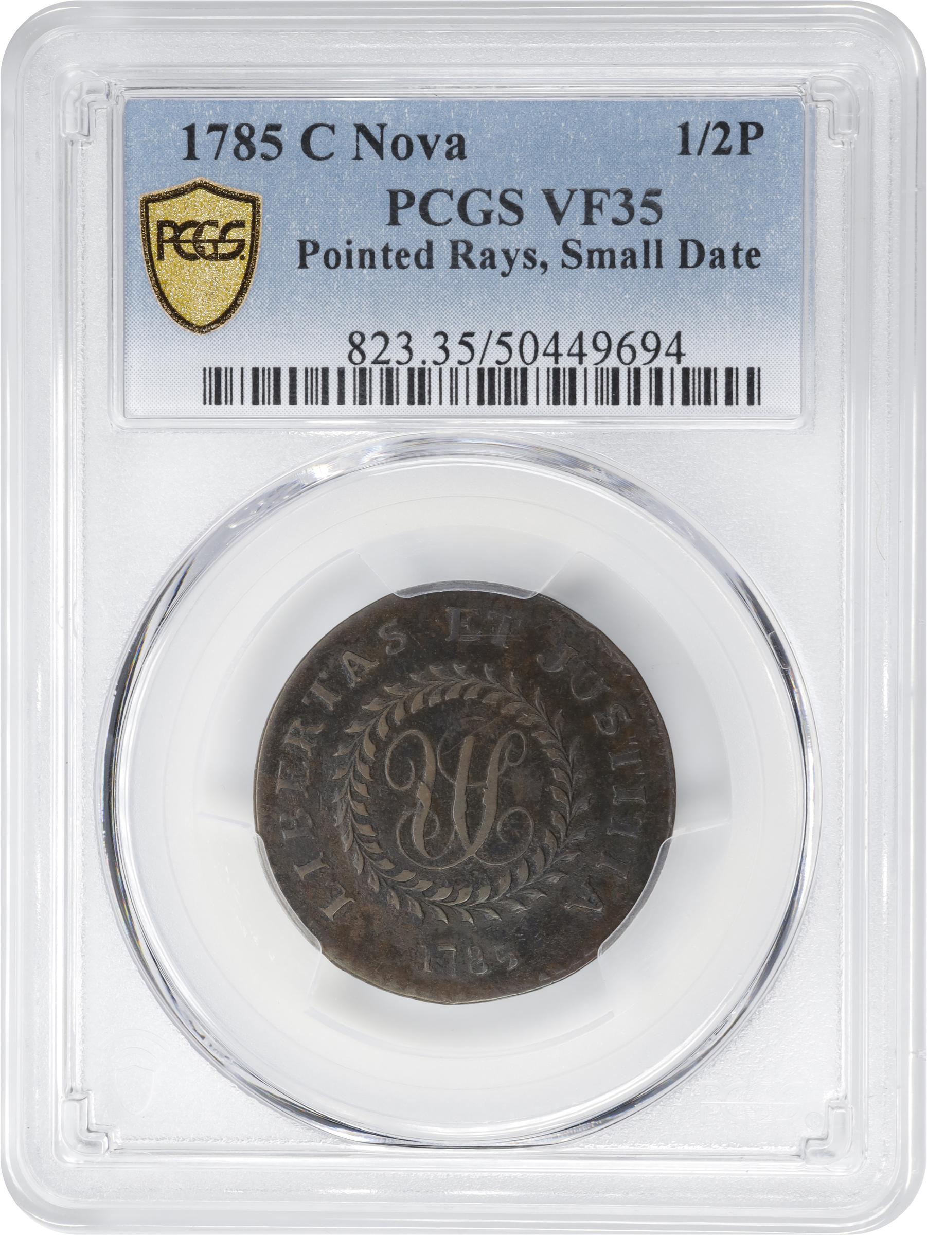 image for: 1785 Nova Constellatio Copper. Crosby 2-A, W-1885. Rarity-4+. CONSTELLATIO, Pointed Rays, Small, Close Date. VF-35 (PCGS).