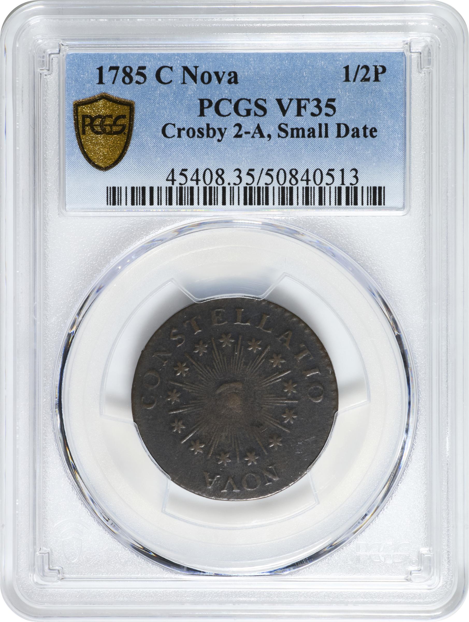 image for: 1785 Nova Constellatio Copper. Crosby 2-A, W-1885. Rarity-4+. CONSTELLATIO, Pointed Rays, Small, Close Date. VF-35 (PCGS).