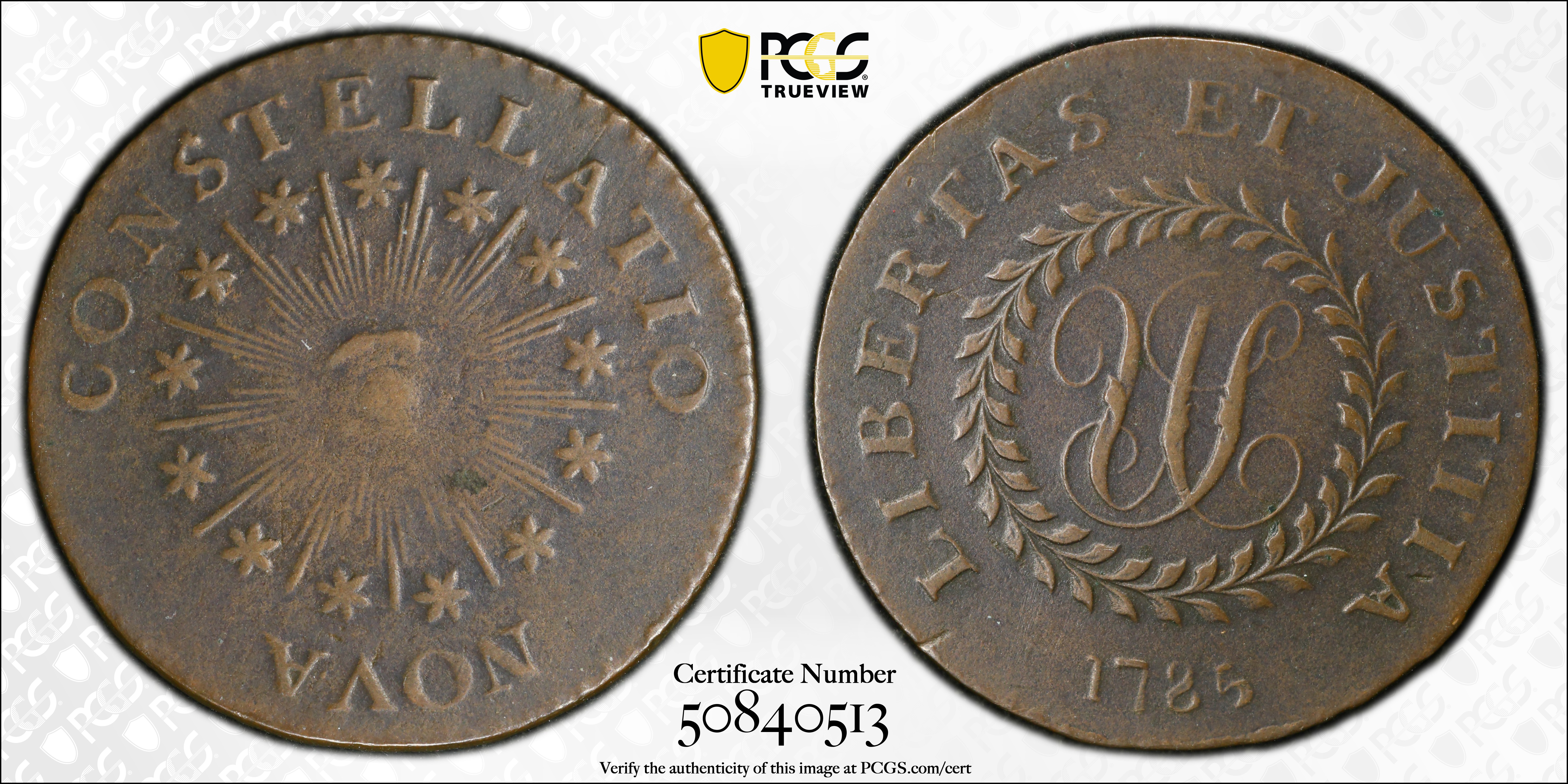 image for: 1785 Nova Constellatio Copper. Crosby 2-A, W-1885. Rarity-4+. CONSTELLATIO, Pointed Rays, Small, Close Date. VF-35 (PCGS).