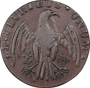 image for: 1787 Immunis Columbia Copper / Large Eagle Reverse. W-5680. Rarity-4+. Plain Edge, Narrow Planchet. AU-53 (PCGS).