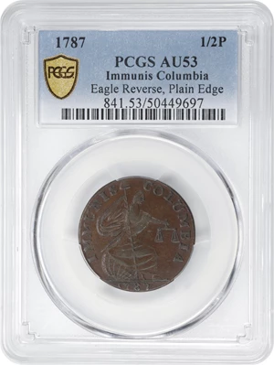 image for: 1787 Immunis Columbia Copper / Large Eagle Reverse. W-5680. Rarity-4+. Plain Edge, Narrow Planchet. AU-53 (PCGS).