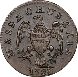 image for: 1788 Massachusetts Half Cent. Ryder 1-B, W-6010. Rarity-2. AU-58 (PCGS).