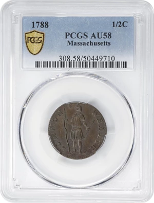image for: 1788 Massachusetts Half Cent. Ryder 1-B, W-6010. Rarity-2. AU-58 (PCGS).