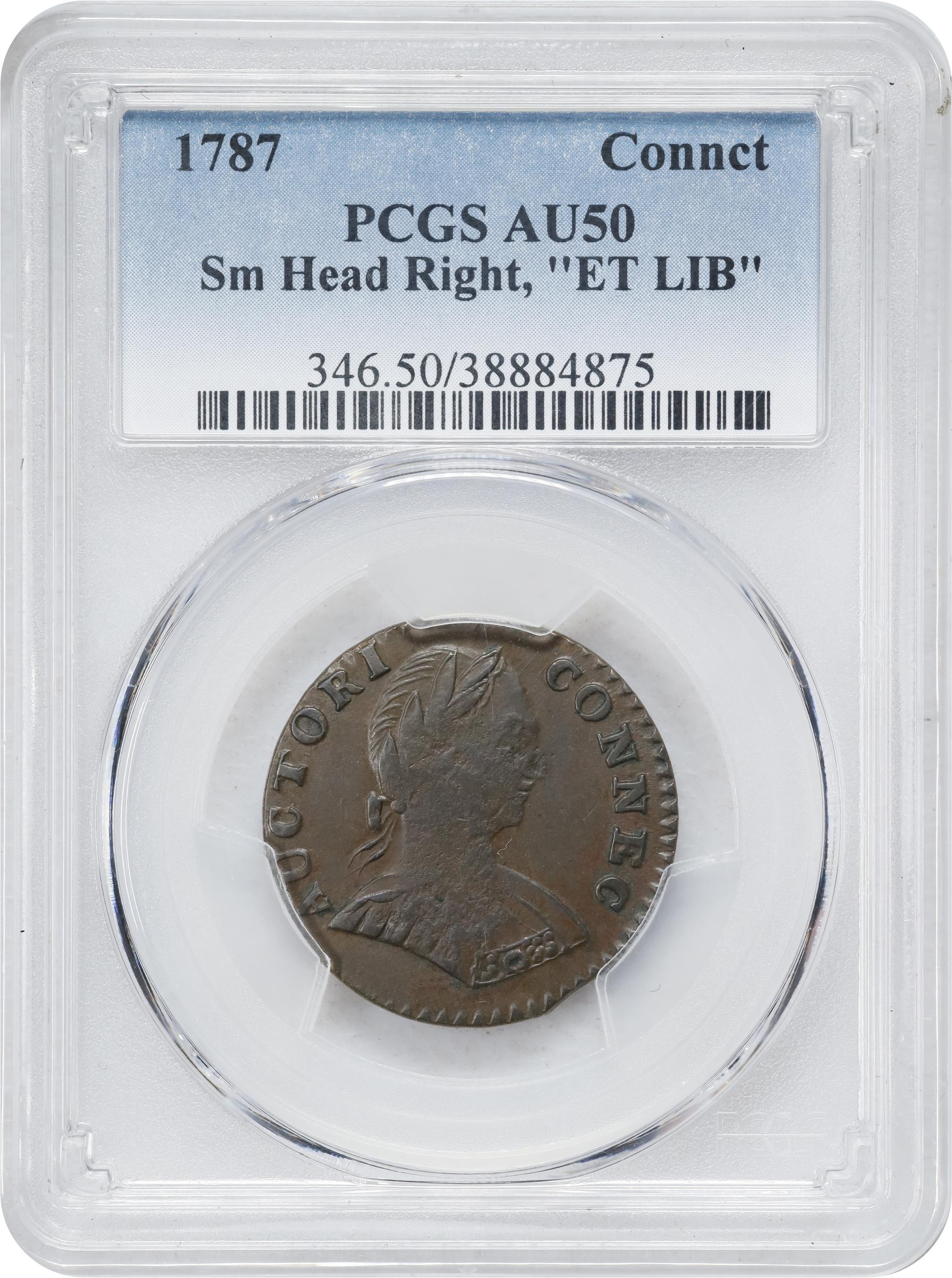 image for: 1787 Connecticut Copper. Miller 1.1-A, W-2700. Rarity-3. Mailed Bust Right, Small Head, ETLIB INDE. AU-50 (PCGS).