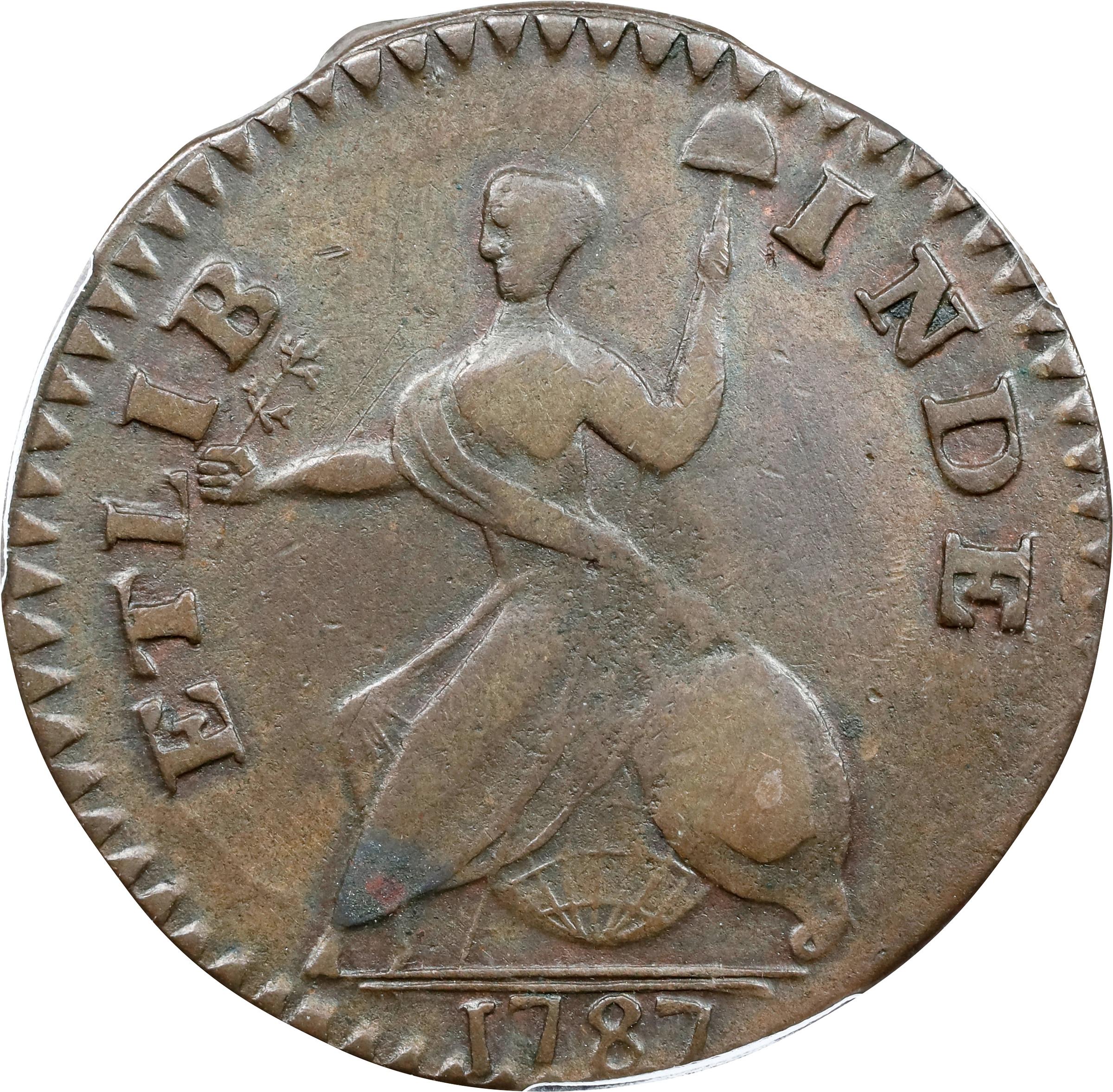 image for: 1787 Connecticut Copper. Miller 1.1-A, W-2700. Rarity-3. Mailed Bust Right, Small Head, ETLIB INDE. EF-40 (PCGS).