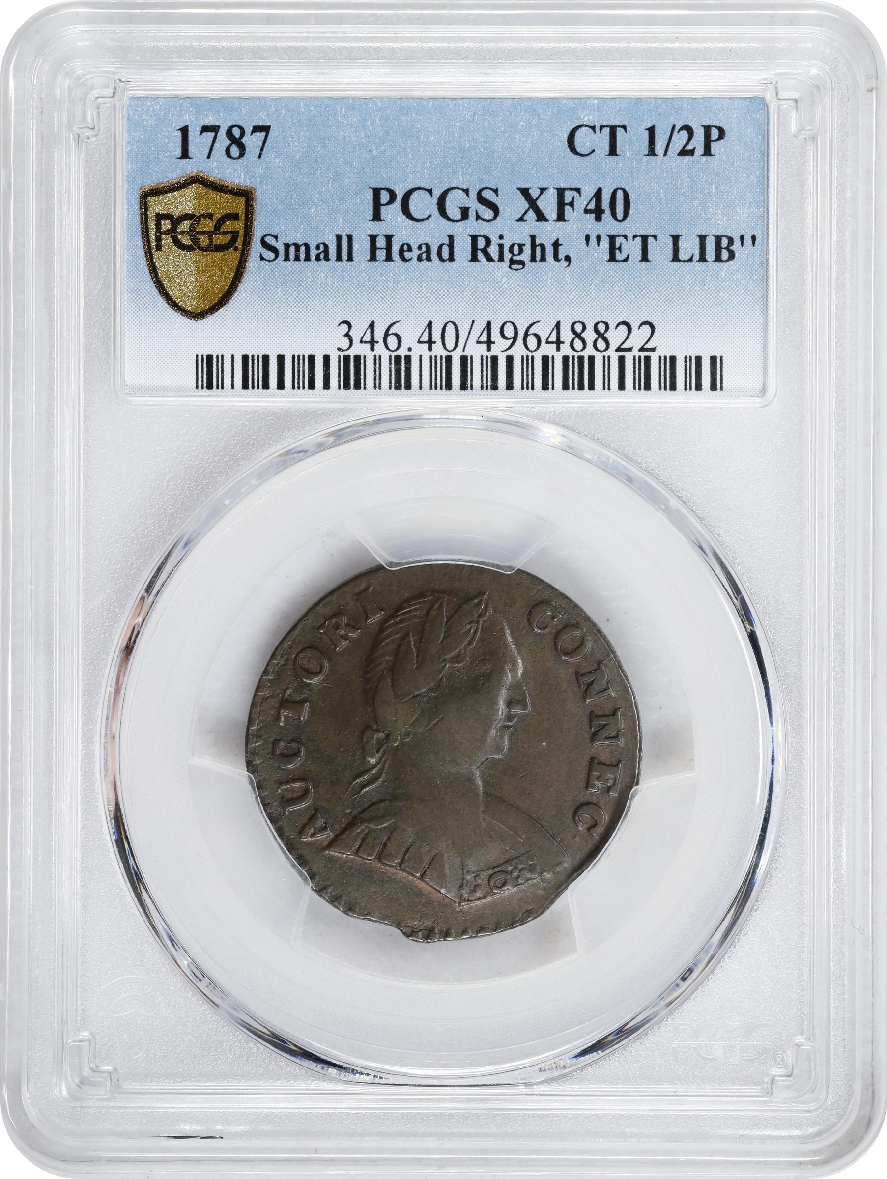 image for: 1787 Connecticut Copper. Miller 1.1-A, W-2700. Rarity-3. Mailed Bust Right, Small Head, ETLIB INDE. EF-40 (PCGS).