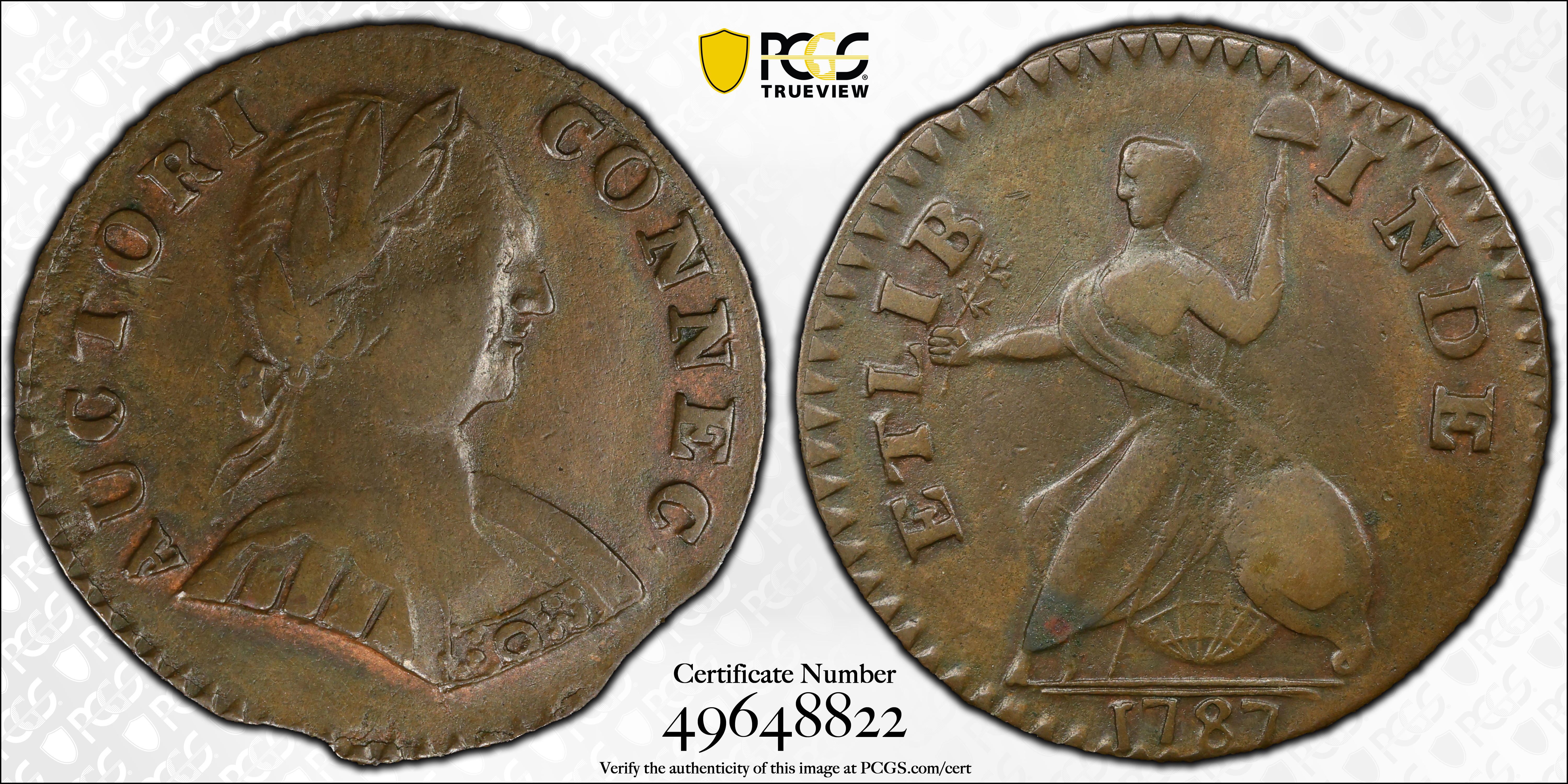 image for: 1787 Connecticut Copper. Miller 1.1-A, W-2700. Rarity-3. Mailed Bust Right, Small Head, ETLIB INDE. EF-40 (PCGS).
